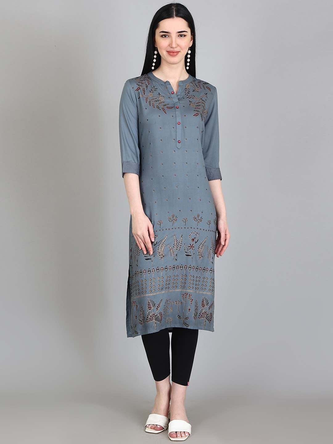 

Alena Floral Printed Mandarin Collar Pure Liva Straight Kurta, Blue