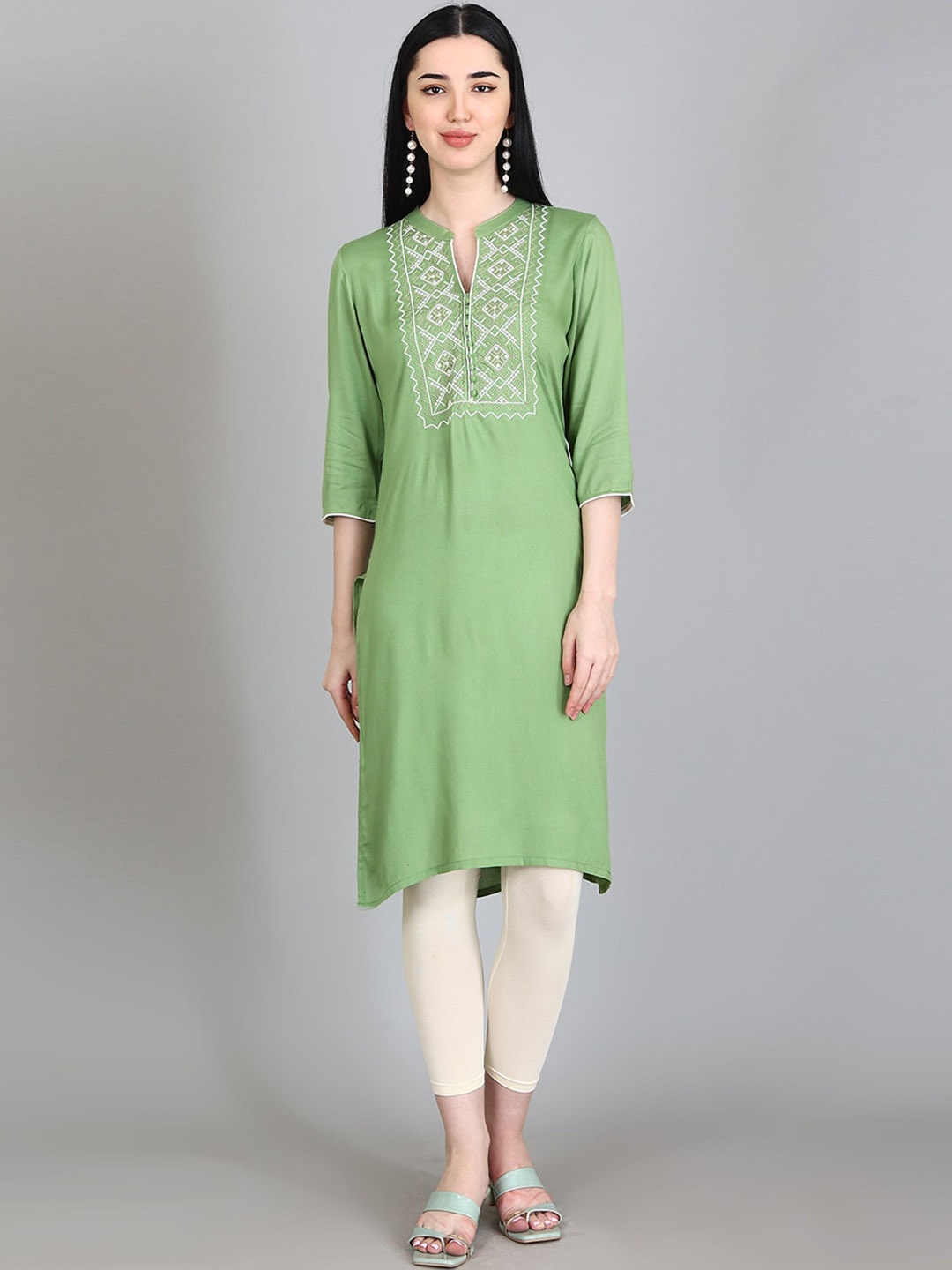 

Alena Ethnic Motifs Yoke Design Mirror Work Liva Notched Neck A-Line Kurta, Green