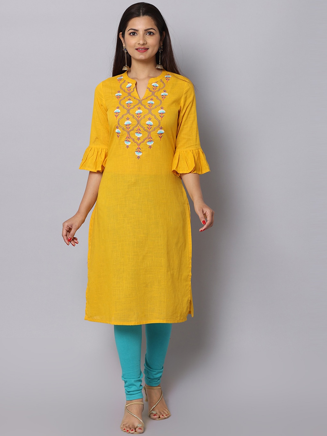 

Alena Ethnic Motifs Yoke Design Bell Sleeves Thread Work Pure Cotton Kurta, Mustard