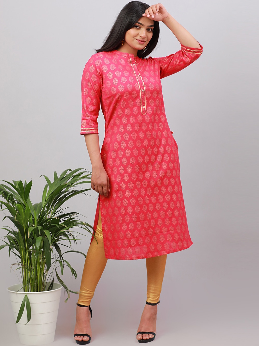 

Alena Ethnic Motifs Printed Mandarin Collar Gotta Patti Detailed Straight Cotton Kurta, Fuchsia