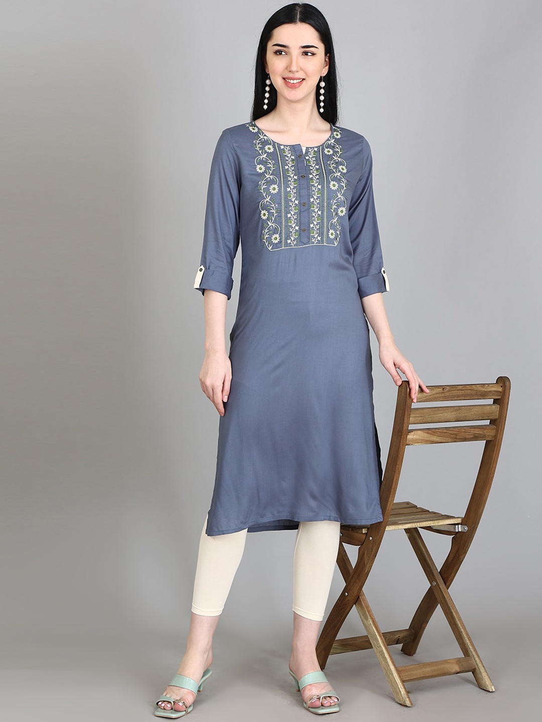 

Alena Ethnic Yoke Design Thread Work Liva A-Line Kurta, Blue