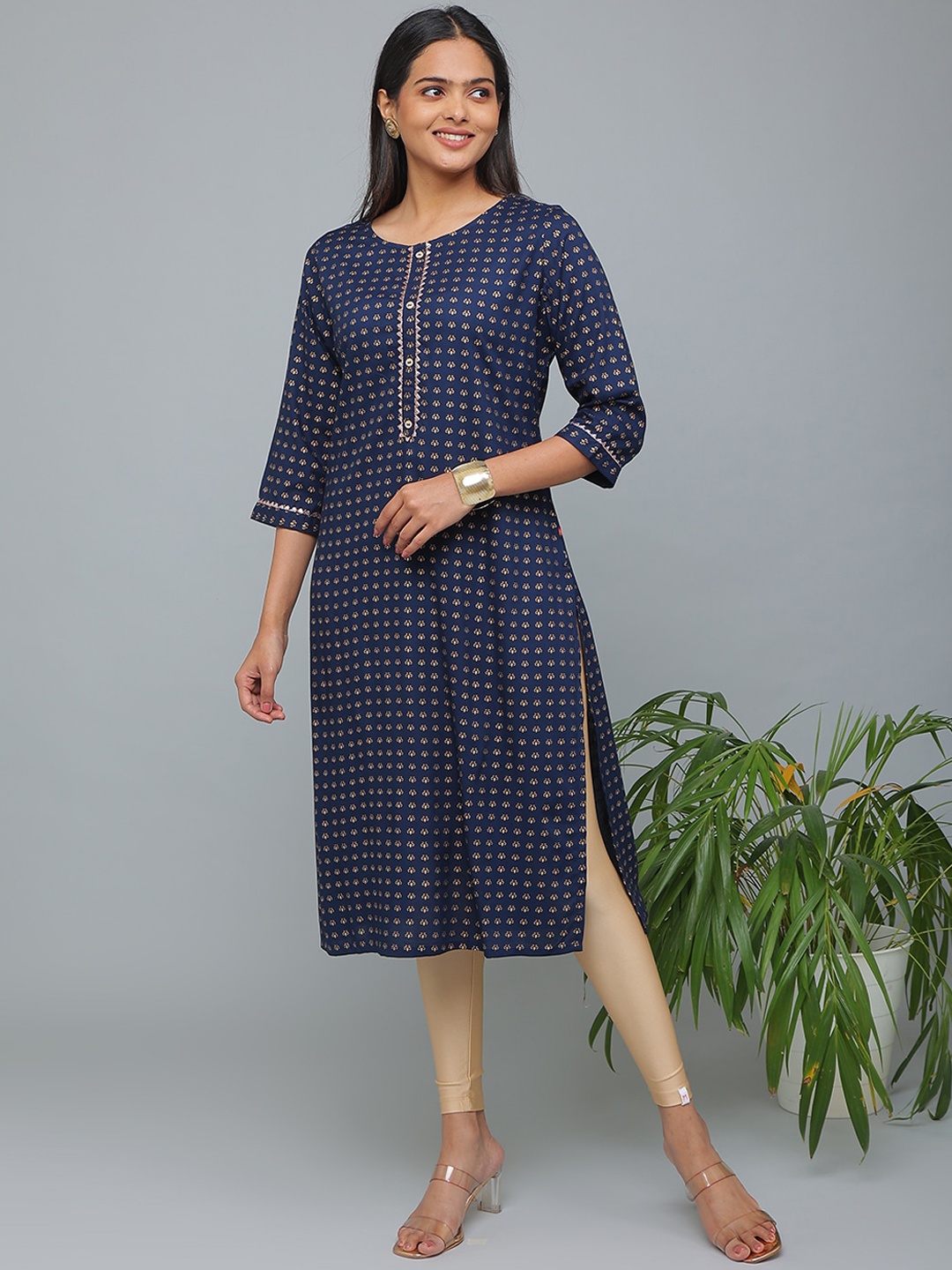 

Alena Ethnic Motifs Printed Pure Cotton Gotta Patti Straight Kurta, Navy blue