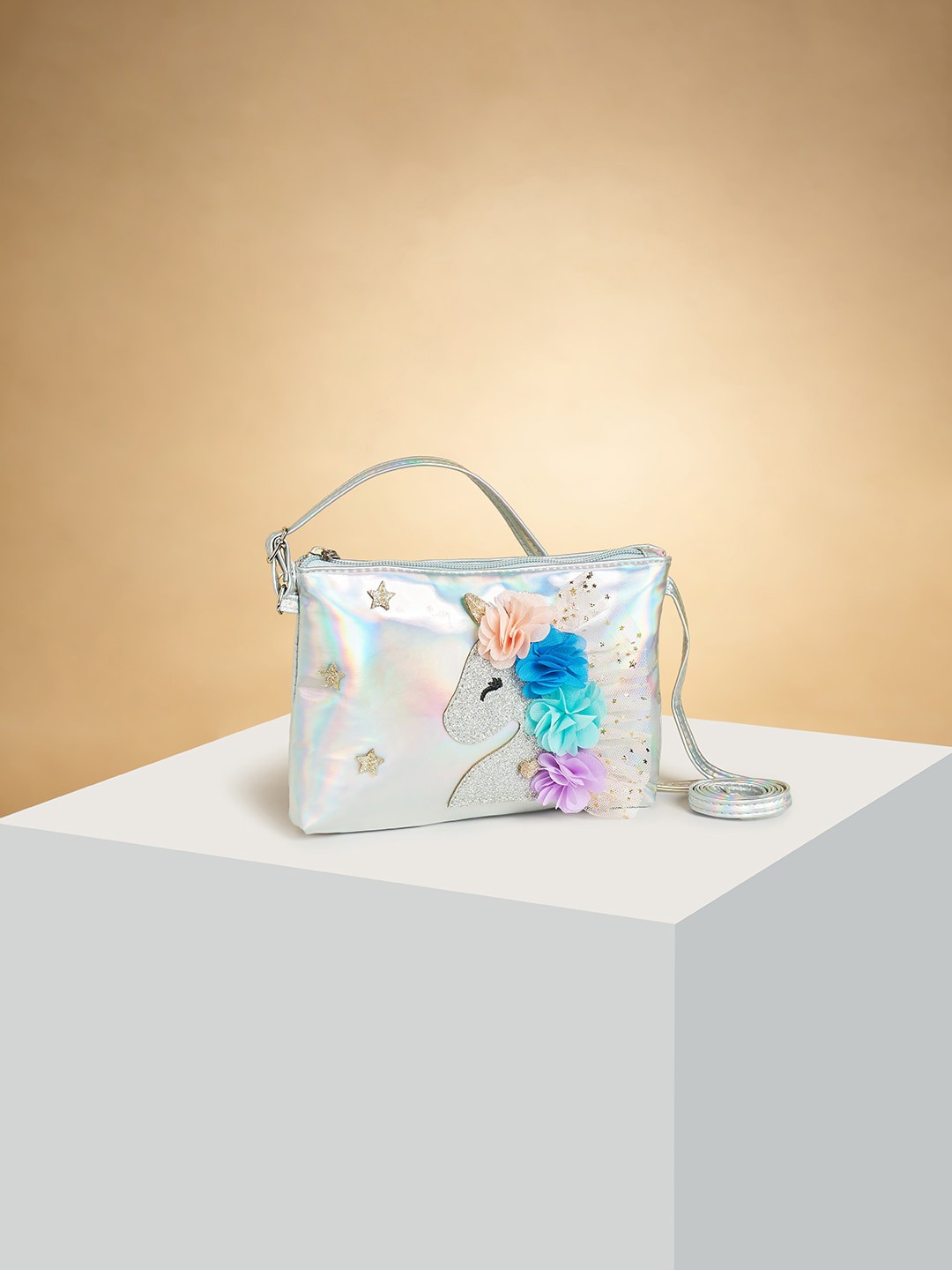 

Pantaloons Junior Girls Embellished Structured Sling Bag with Applique Detail, Silver