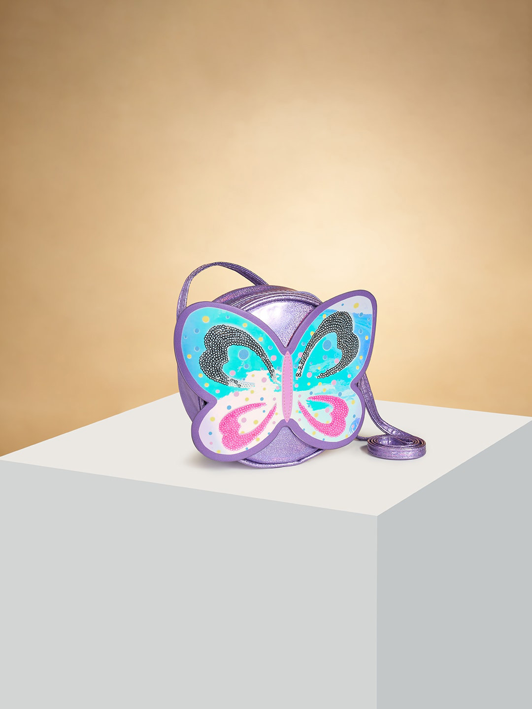 

Pantaloons Junior Girls Embellished Butterfly Design Sequinned Structured Sling Bag, Purple