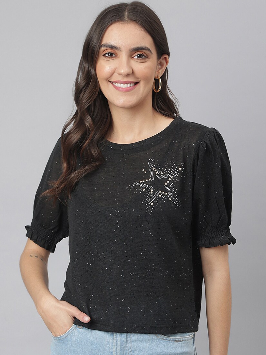 

Miss Grace Embellished Puff Sleeves Top, Black