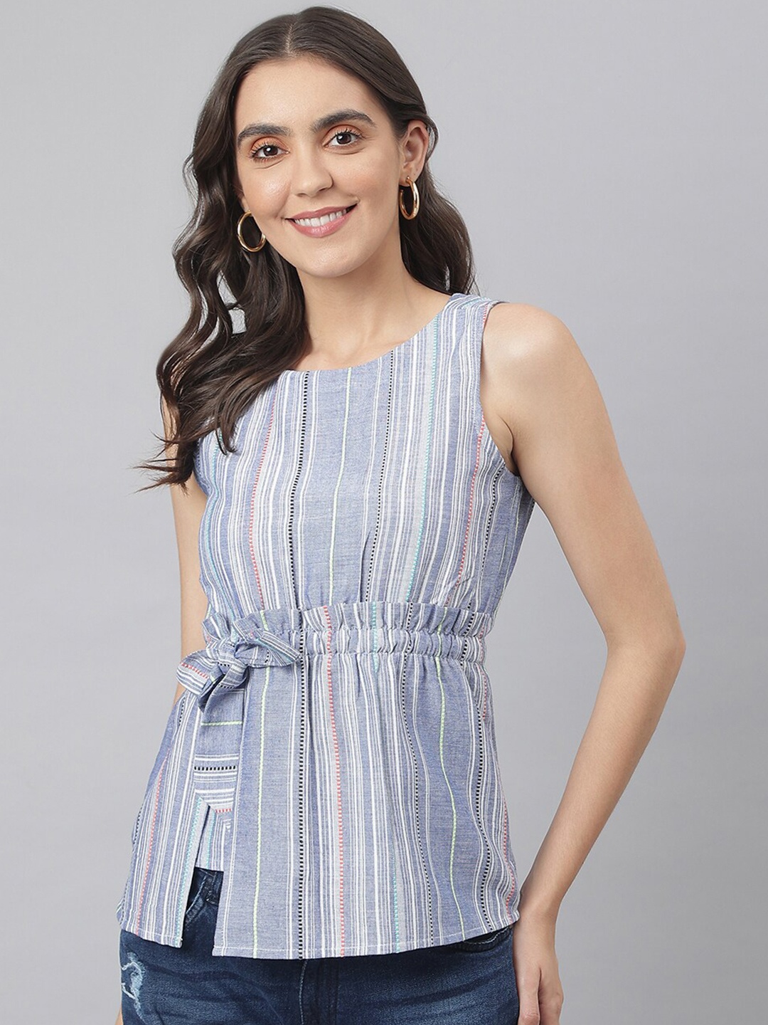 

Miss Grace Vertical Striped Gathered Detailed Cinched Waist Top, Blue