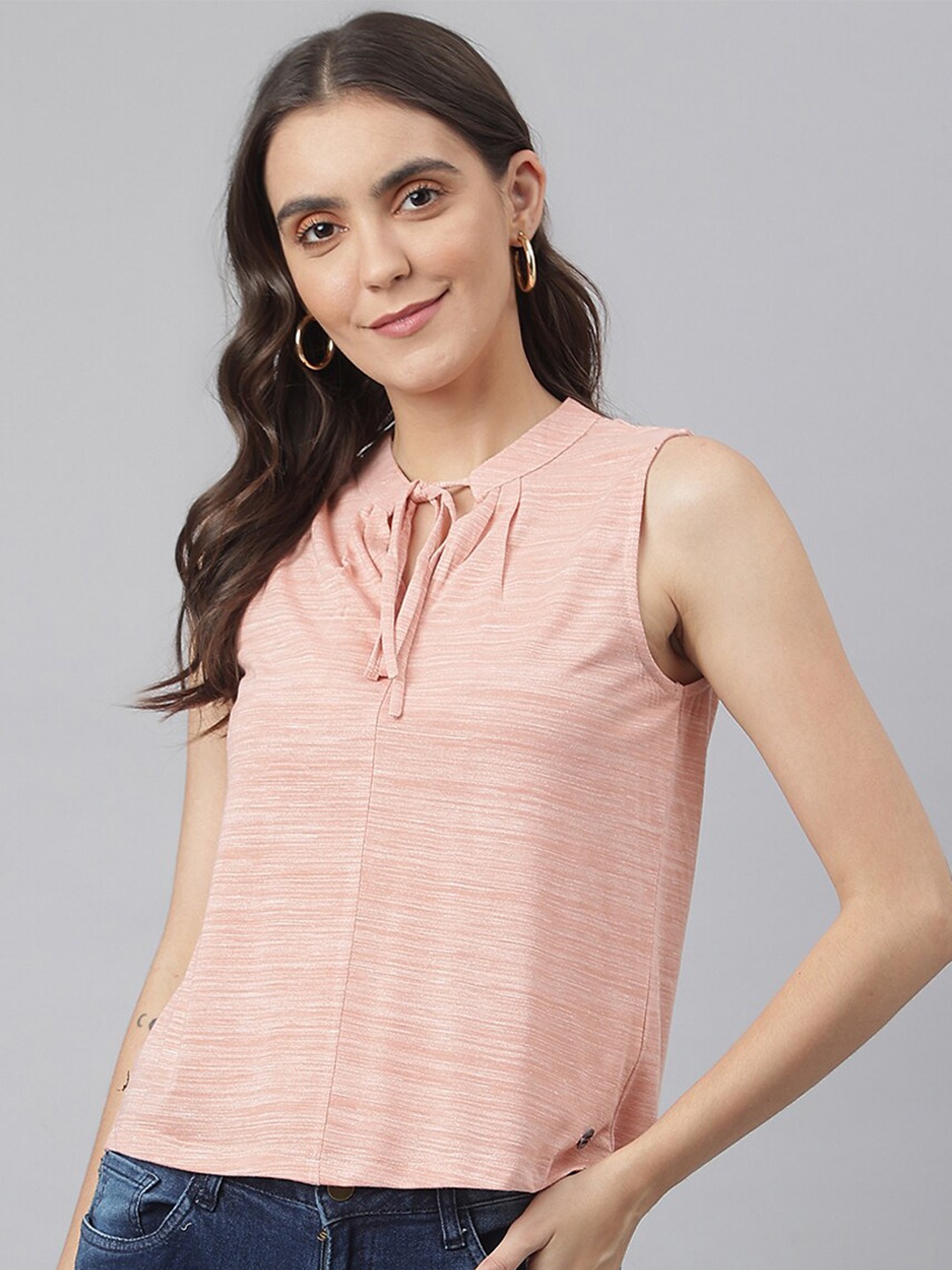 

Miss Grace Striped Tie-Up Neck Top, Peach