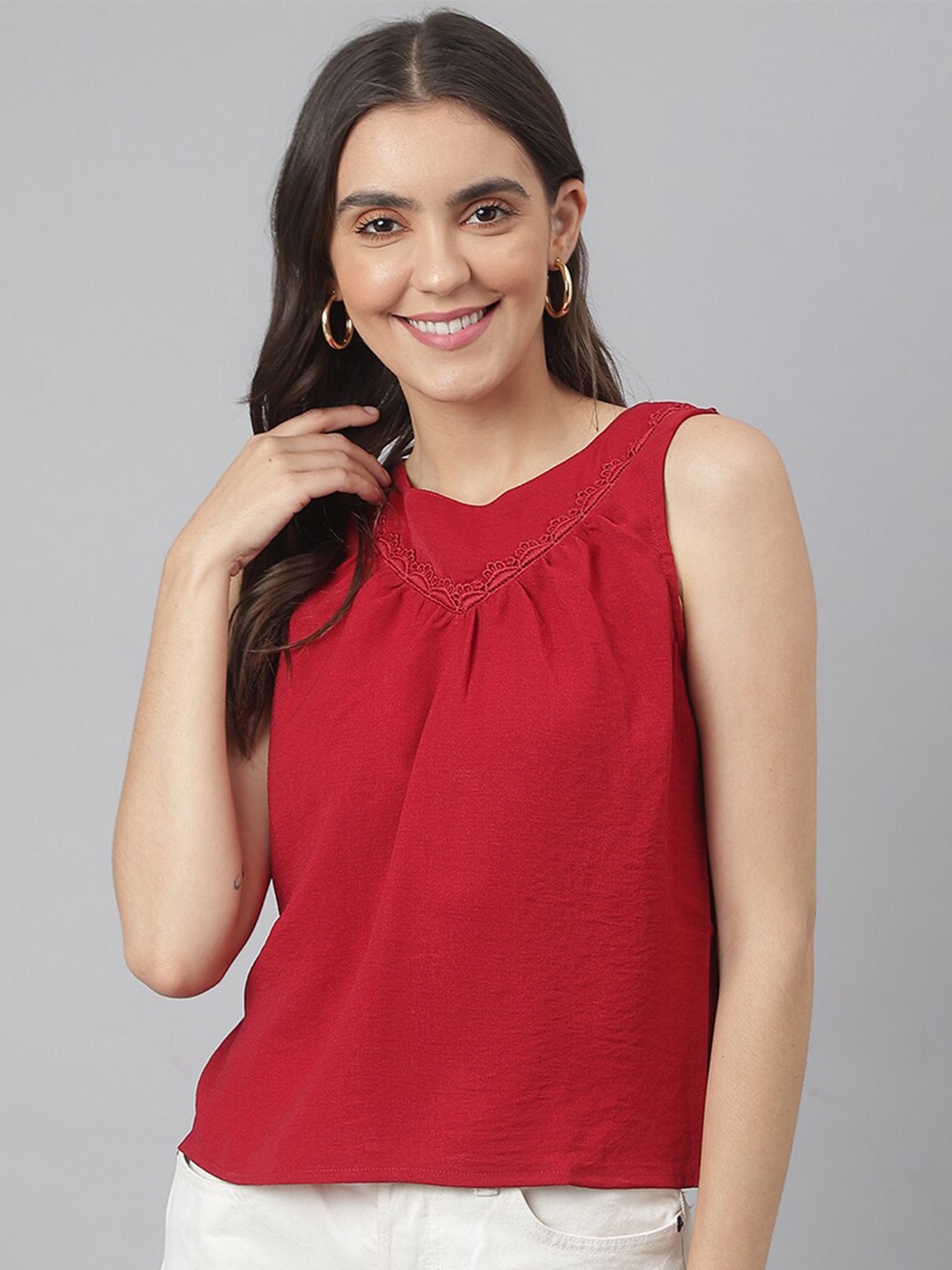 

Miss Grace Round Neck Sleeveless Lace-Up Top, Maroon