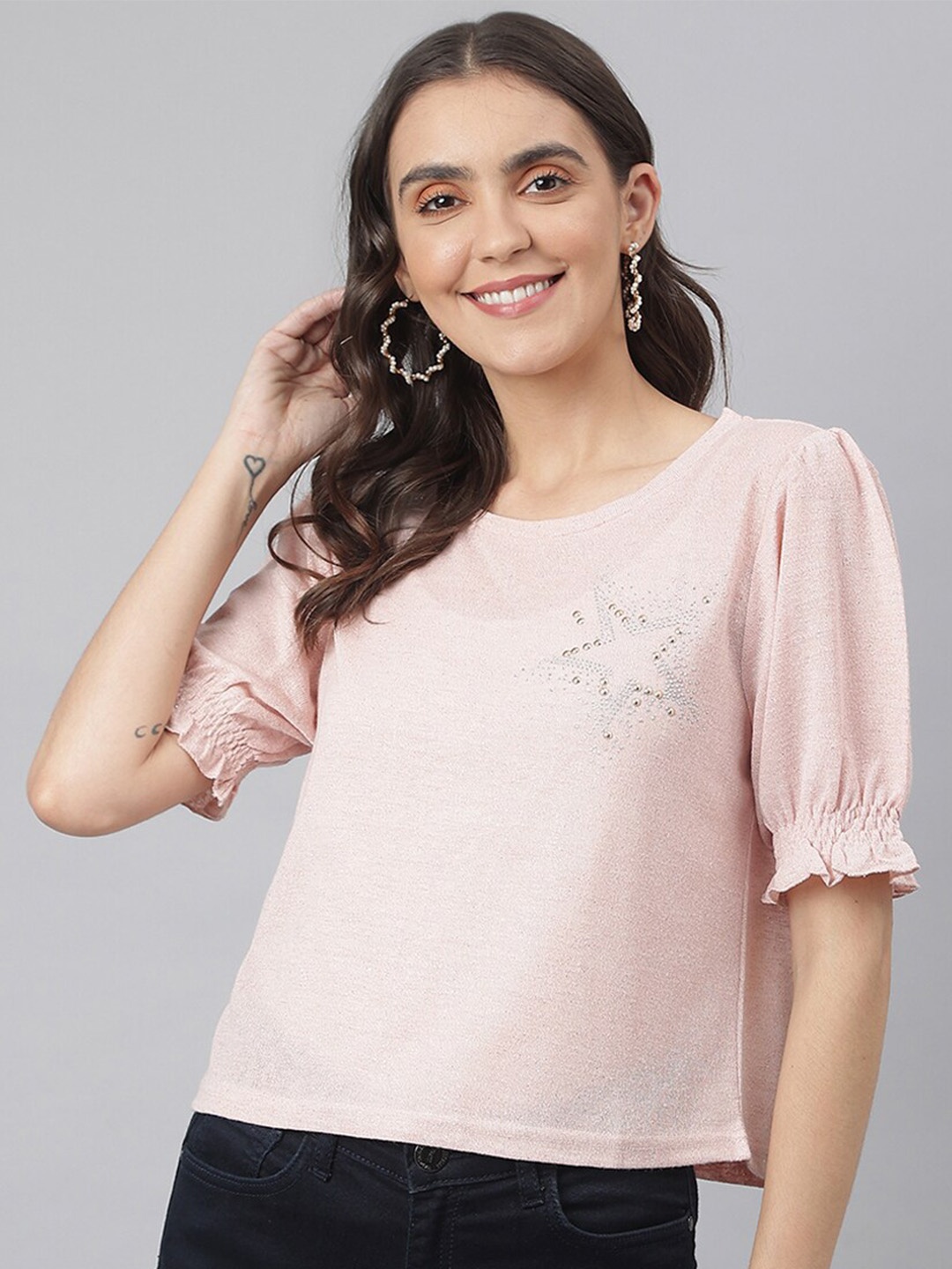

Miss Grace Embellished Puff Sleeve Top, Pink
