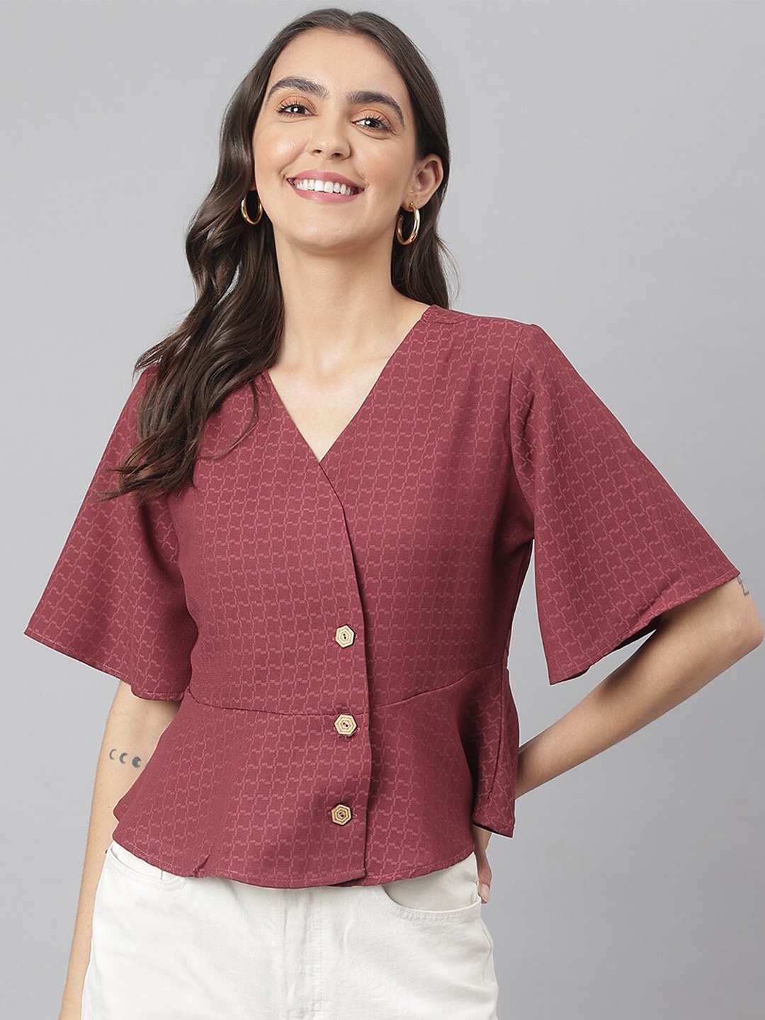 

Miss Grace Self Designed Flared Sleeve Wrap Top, Maroon