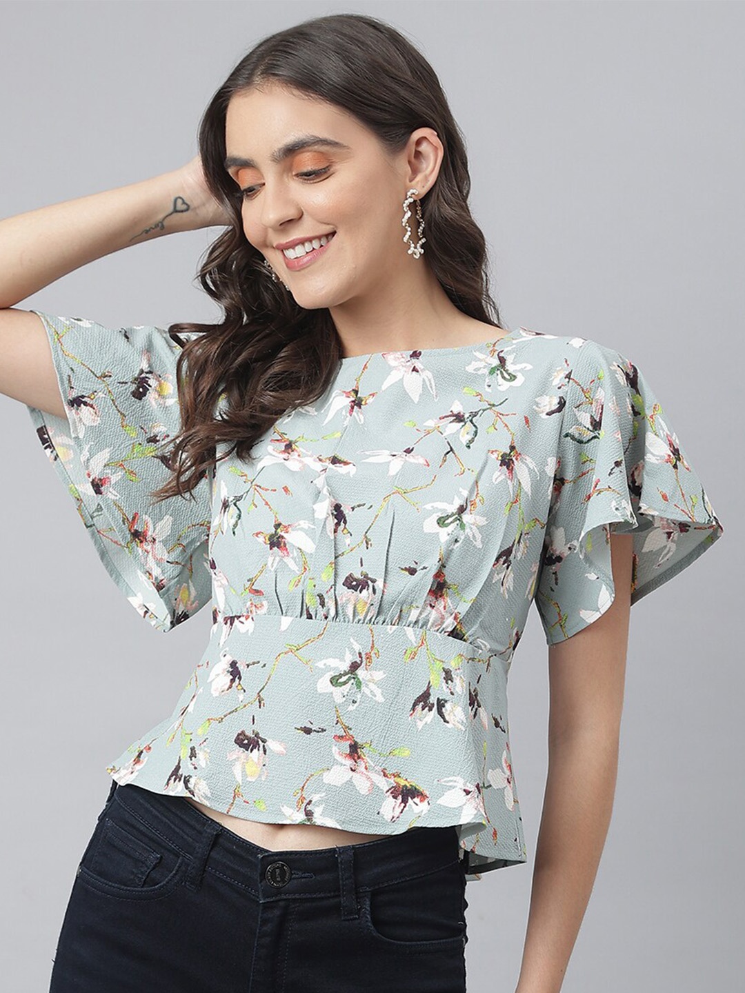 

Miss Grace Floral Print Flared Sleeve Cinched Waist Crop Top, Grey