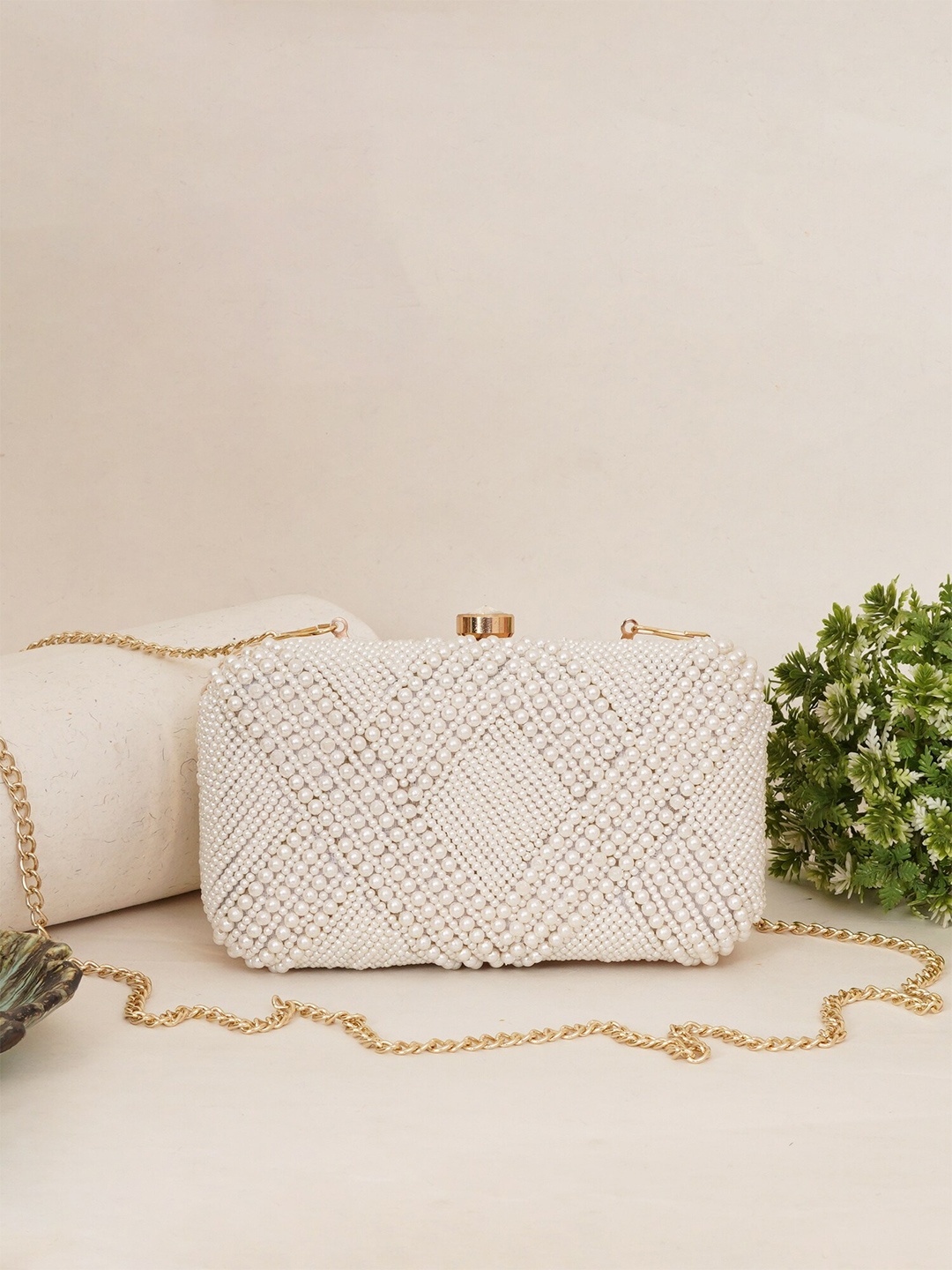 

FABBHUE Embroidered Pearl Beaded Box Clutch, Off white