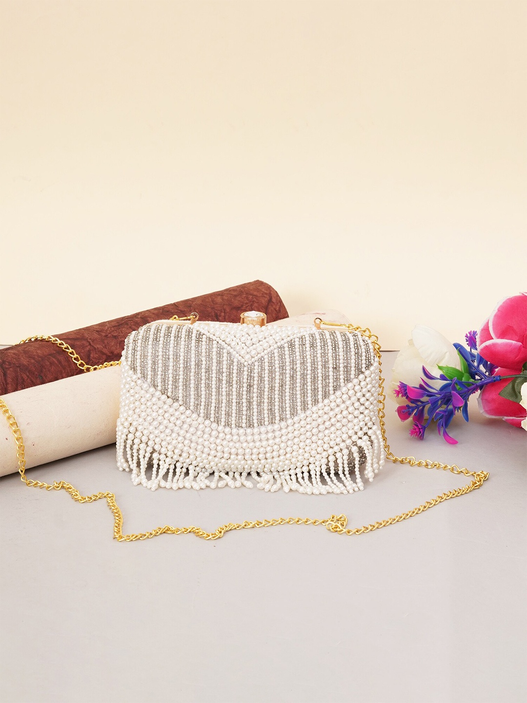 

FABBHUE Embroidered Box Clutch, Off white