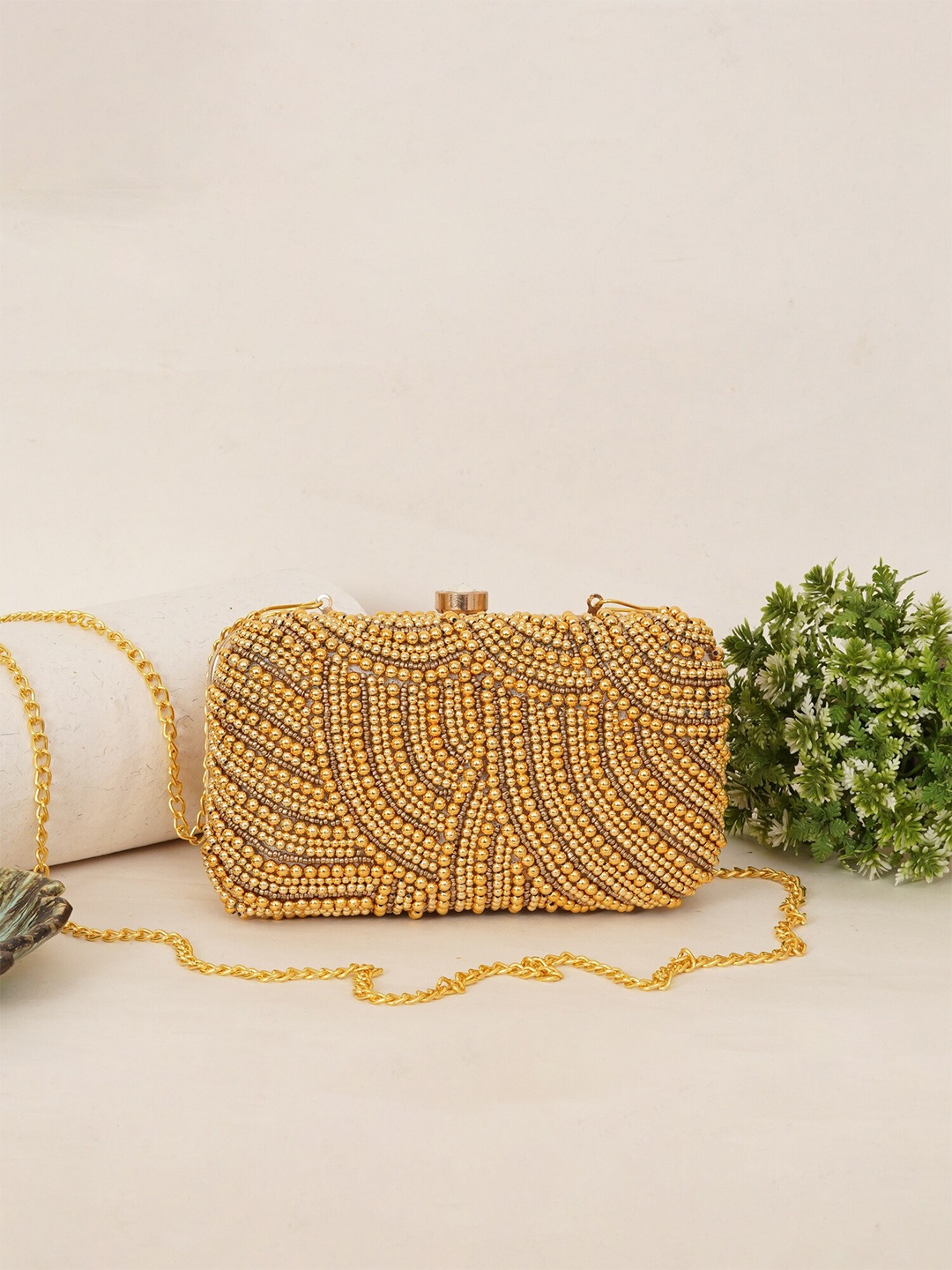 

FABBHUE Embroidered Box Clutch, Gold