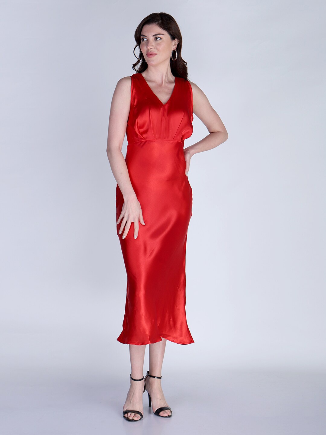 

Orchid Blues V-Neck Satin Sheath Midi Dress, Red