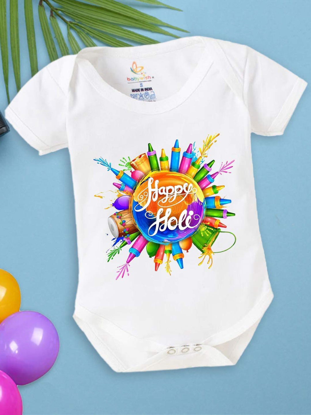 

Babywish Infants Holi Printed Cotton Envelope Neck Bodysuit, White