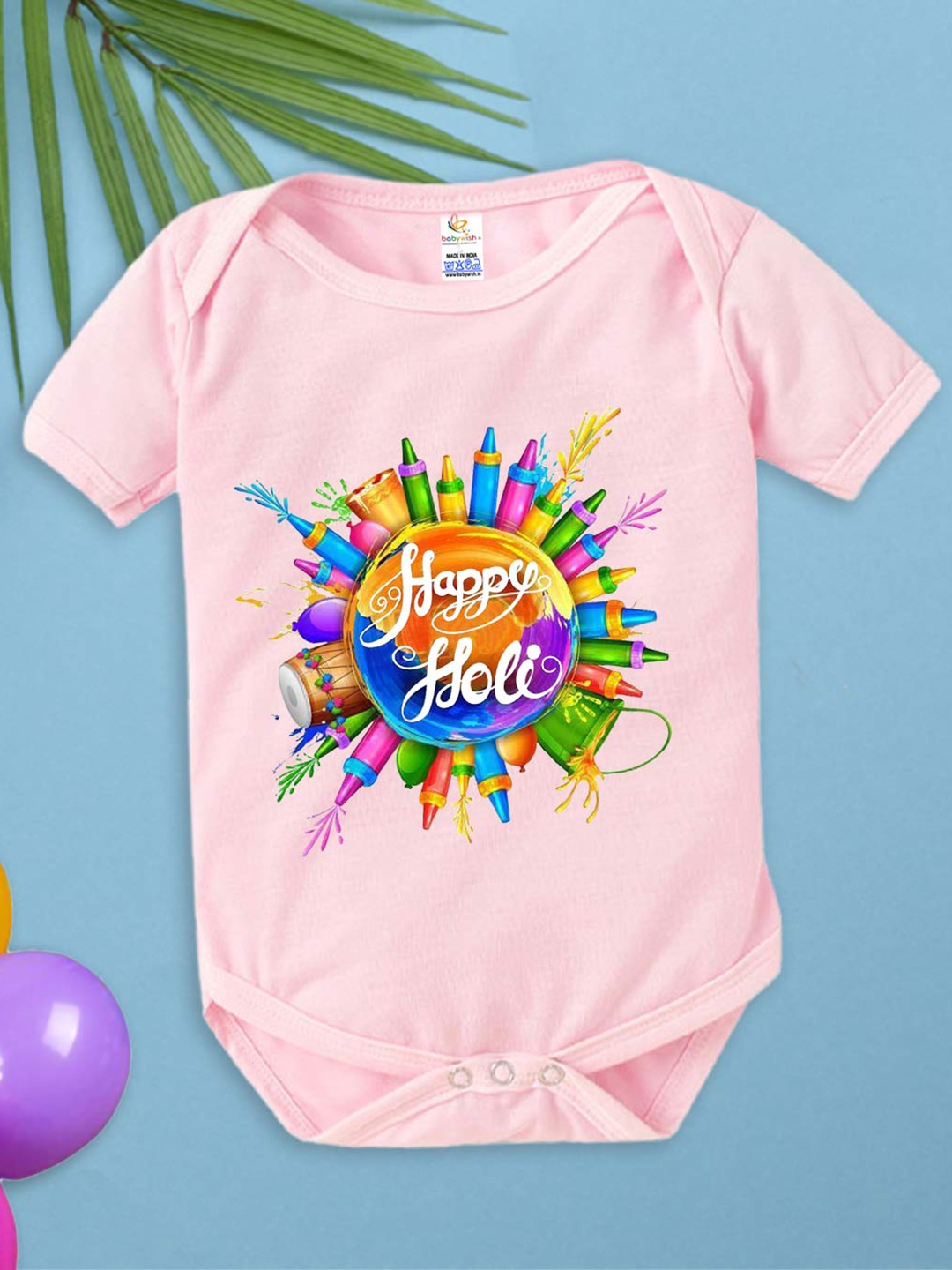 

Babywish Infants Holi Printed Cotton Envelope Neck Bodysuit, Pink