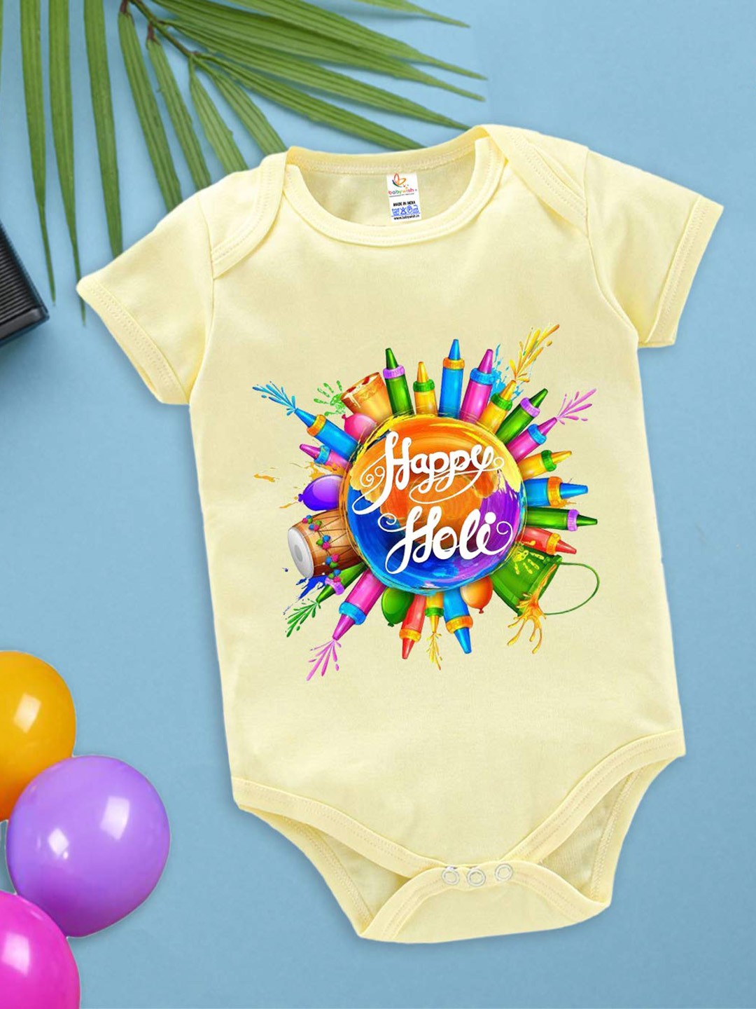 

Babywish Infants Holi Printed Cotton Envelope Neck Bodysuit, Yellow