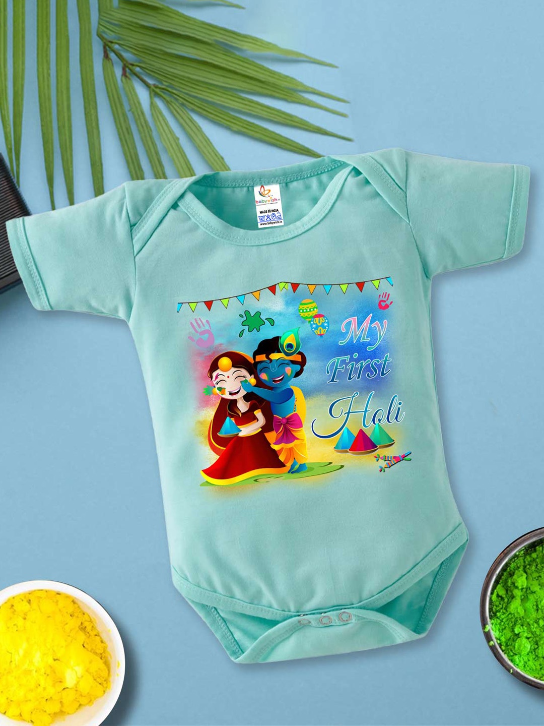 

Babywish Infants Holi Printed Cotton Envelope Neck Bodysuit, Sea green