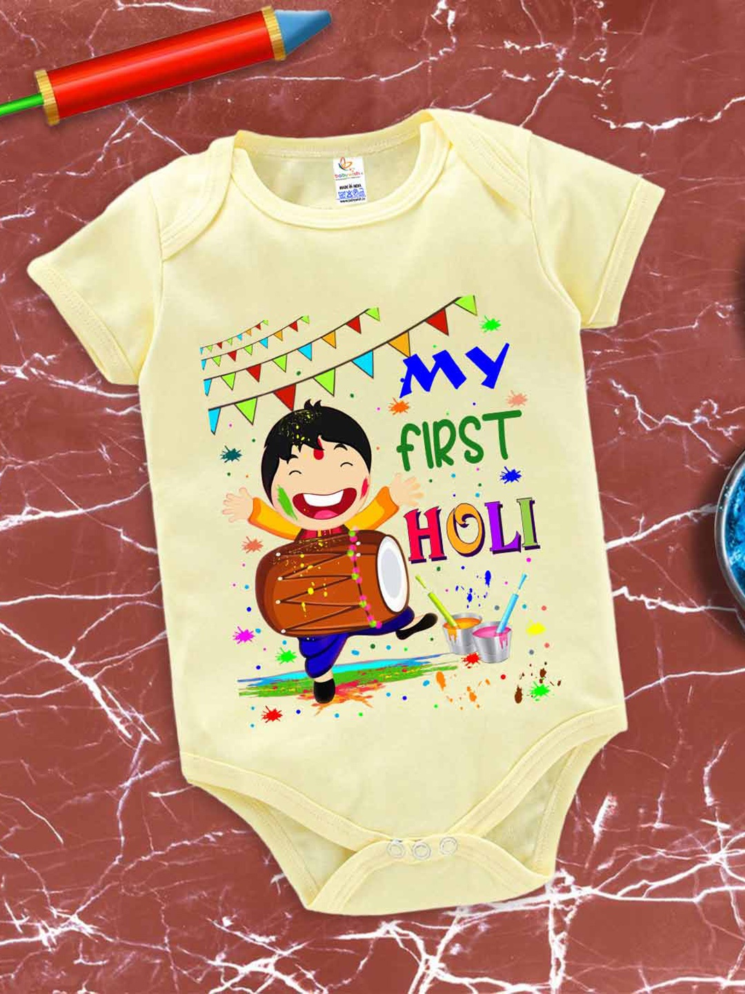 

Babywish Infants Holi Printed Cotton Envelope Neck Bodysuit, Yellow