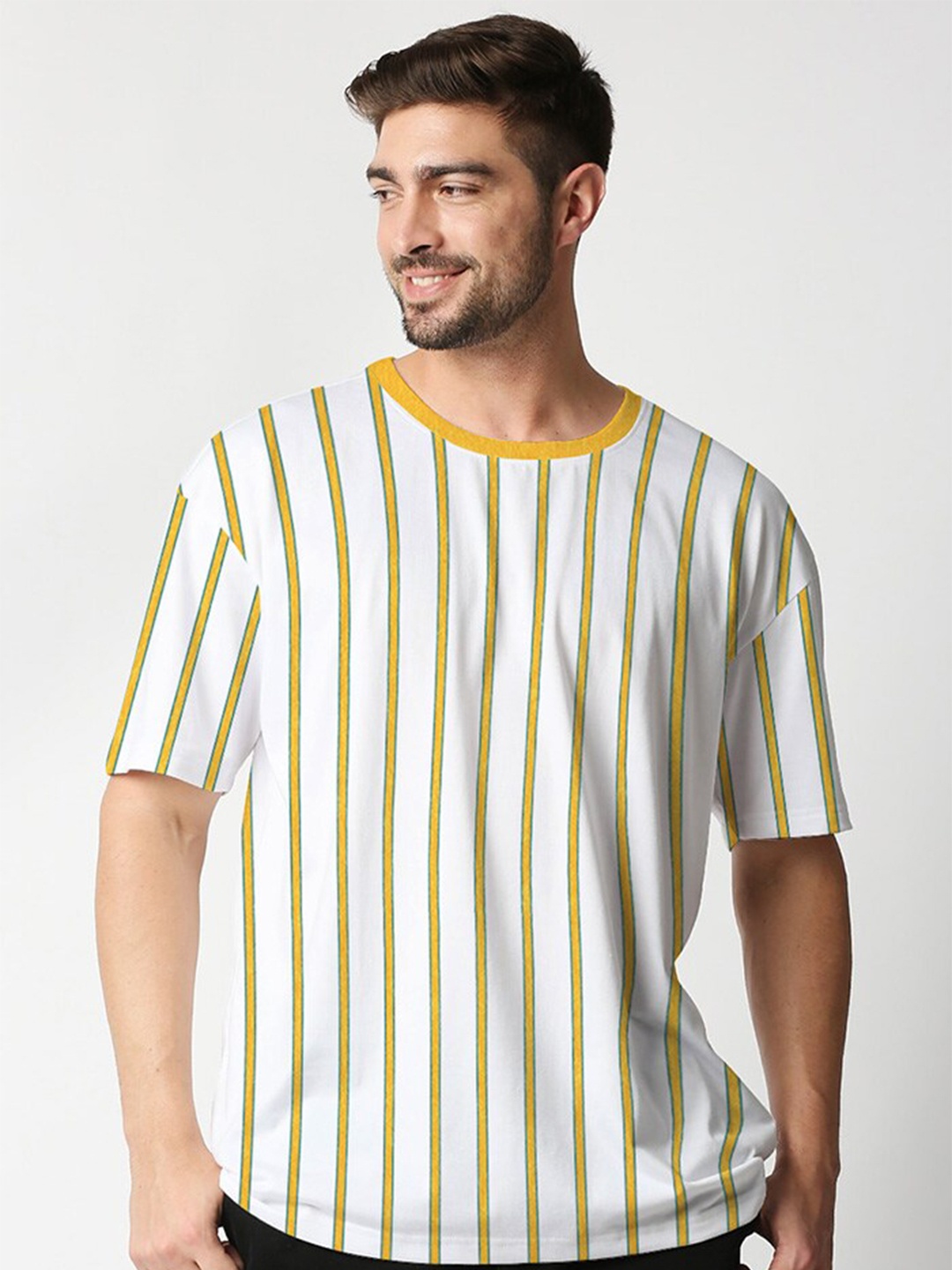 

Wear Your Opinion Striped Round Neck Drop-Shoulder Sleeves Oversized T-shirt, Yellow