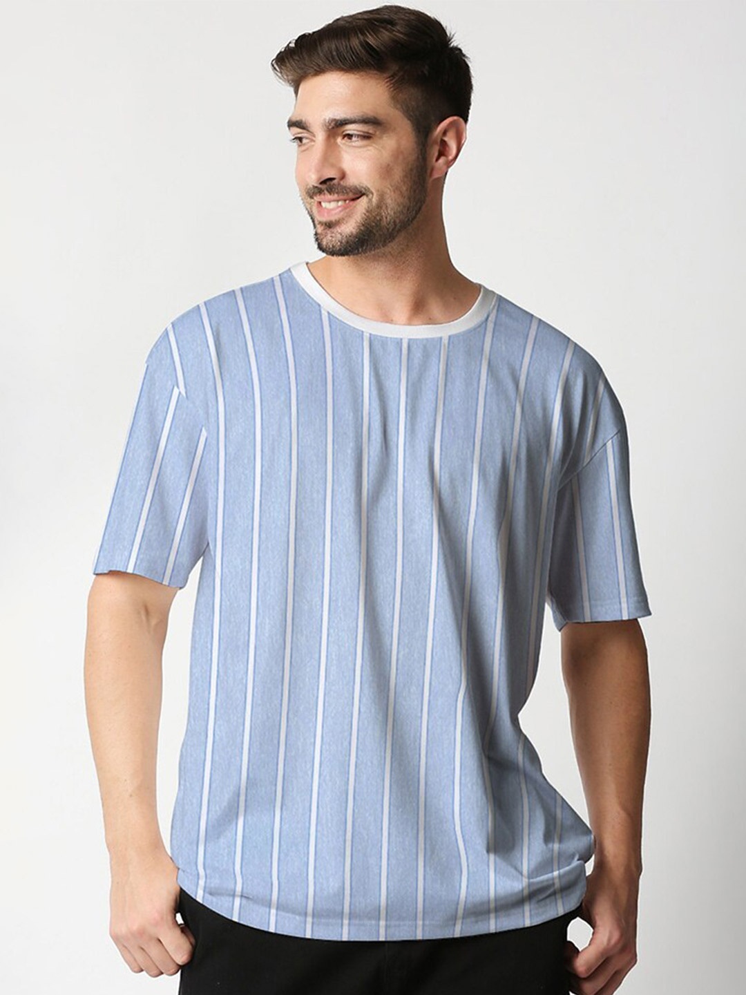 

Wear Your Opinion Striped Round Neck Drop-Shoulder Sleeves Oversized T-shirt, Blue