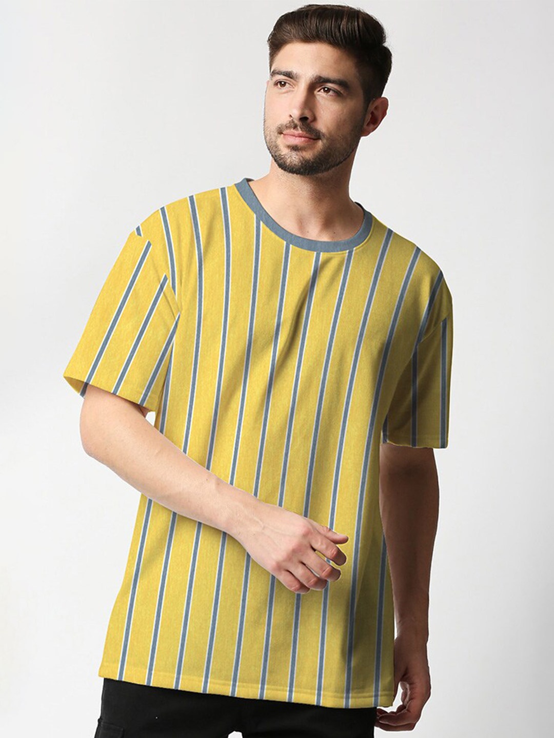 

Wear Your Opinion Striped Round Neck Drop-Shoulder Sleeves Oversized T-shirt, Yellow