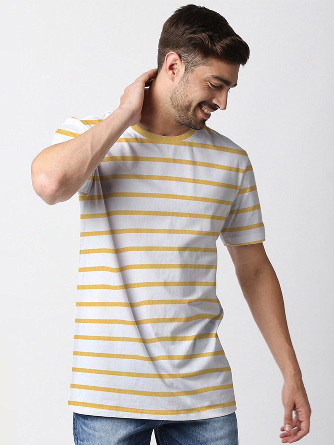 

Wear Your Opinion Men Striped Round Neck Short Sleeves Regular Fit T-shirt, Yellow