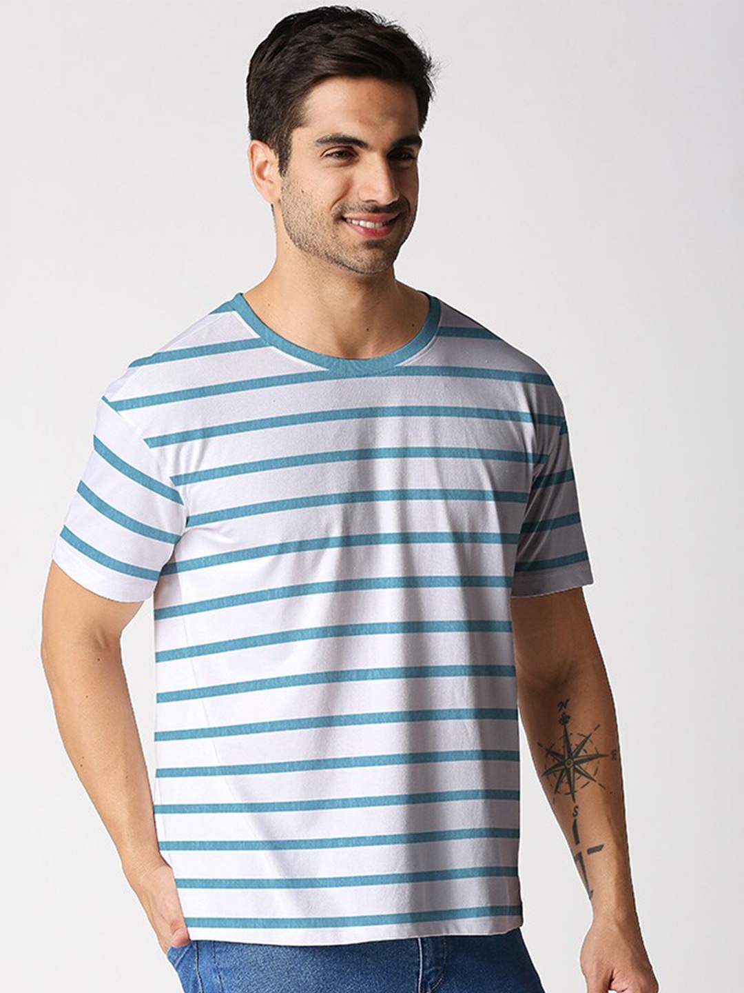 

Wear Your Opinion Men Striped Round Neck Short Sleeves Regular Fit T-shirt, Teal