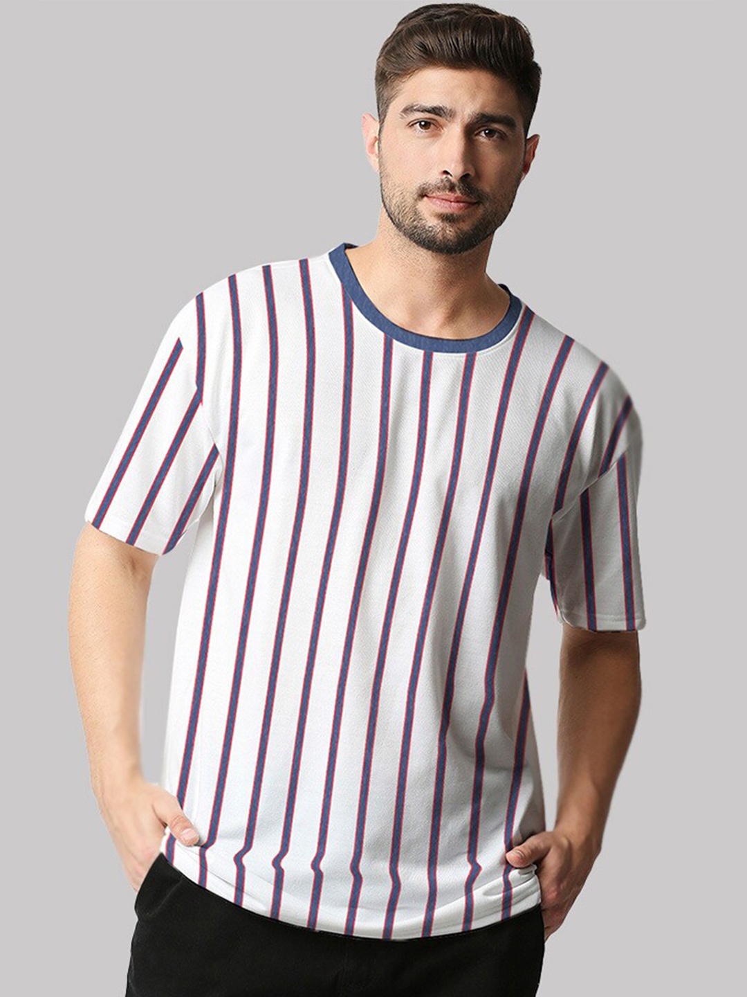 

Wear Your Opinion Striped Round Neck Drop-Shoulder Sleeves Oversized T-shirt, Navy blue