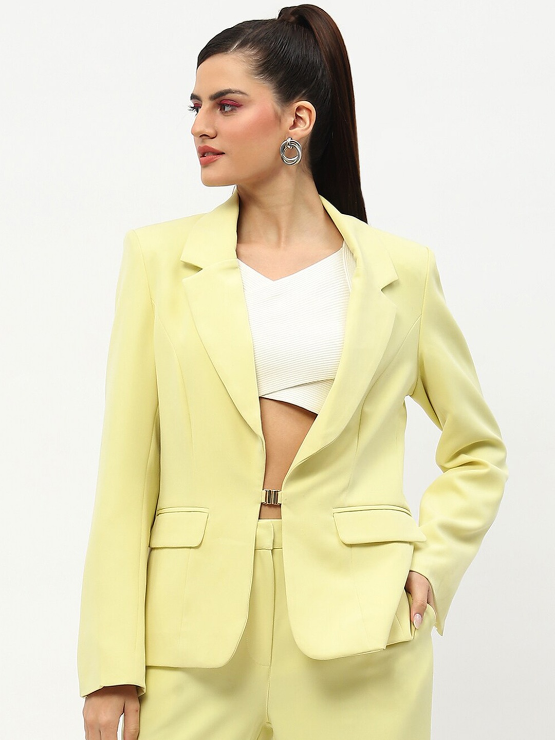 

Madame Notched Lapel Open-Front Formal Blazers, Lime green