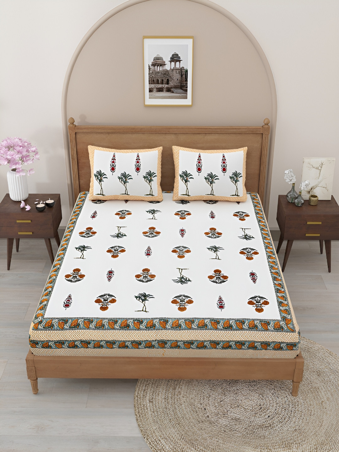 

Salona Bichona Cream-Coloured & Green Floral Printed Cotton 150 TC Double Bedsheet Set