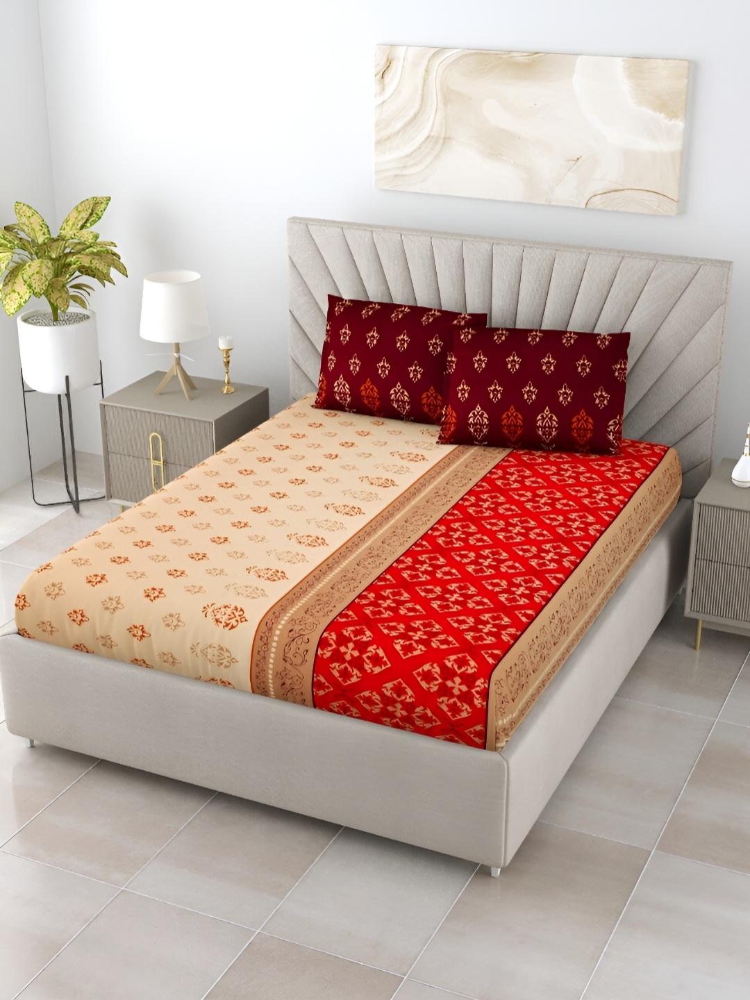 

Salona Bichona Red & Cream-Coloured Ethnic Motifs 210 TC King Bedsheet Set