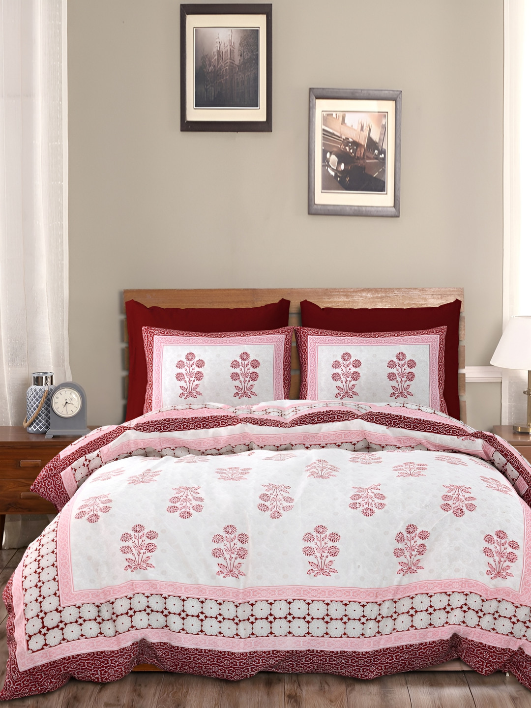 

Salona Bichona Pink & White Floral Printed Cotton 150 TC Double Bedsheet Set