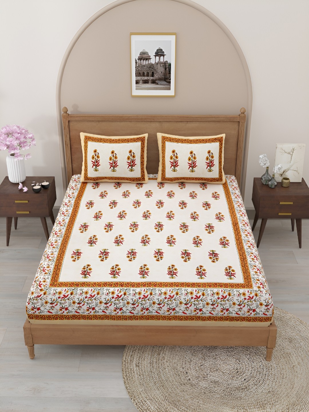 

Salona Bichona Yellow & Red Floral Cotton 150 TC Queen Bedsheet with 2 Pillow Covers