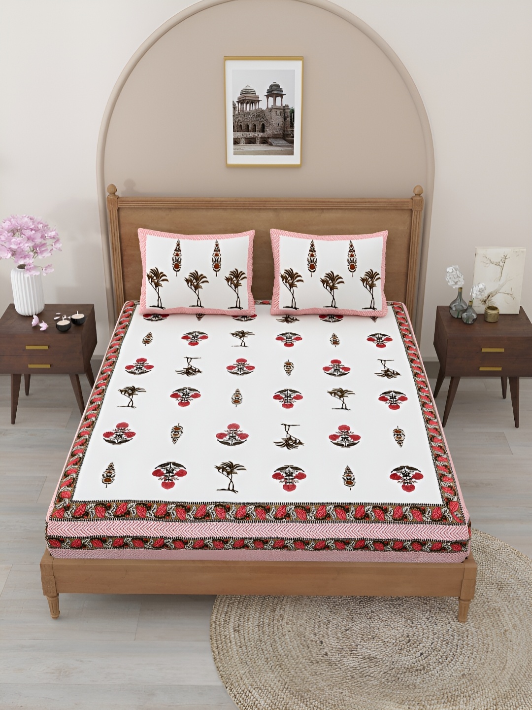

Salona Bichona White & Pink Floral 150 TC Double Bedsheet Set