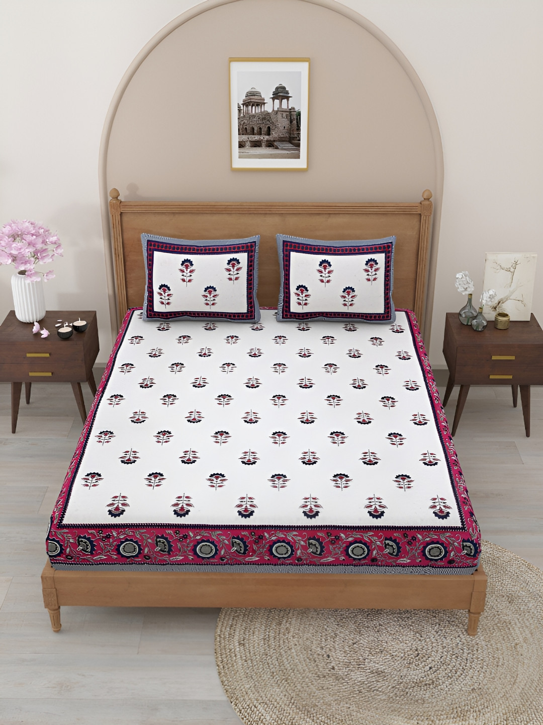 

Salona Bichona Purple & White Floral Printed Cotton 150 TC Double Bedsheet Set