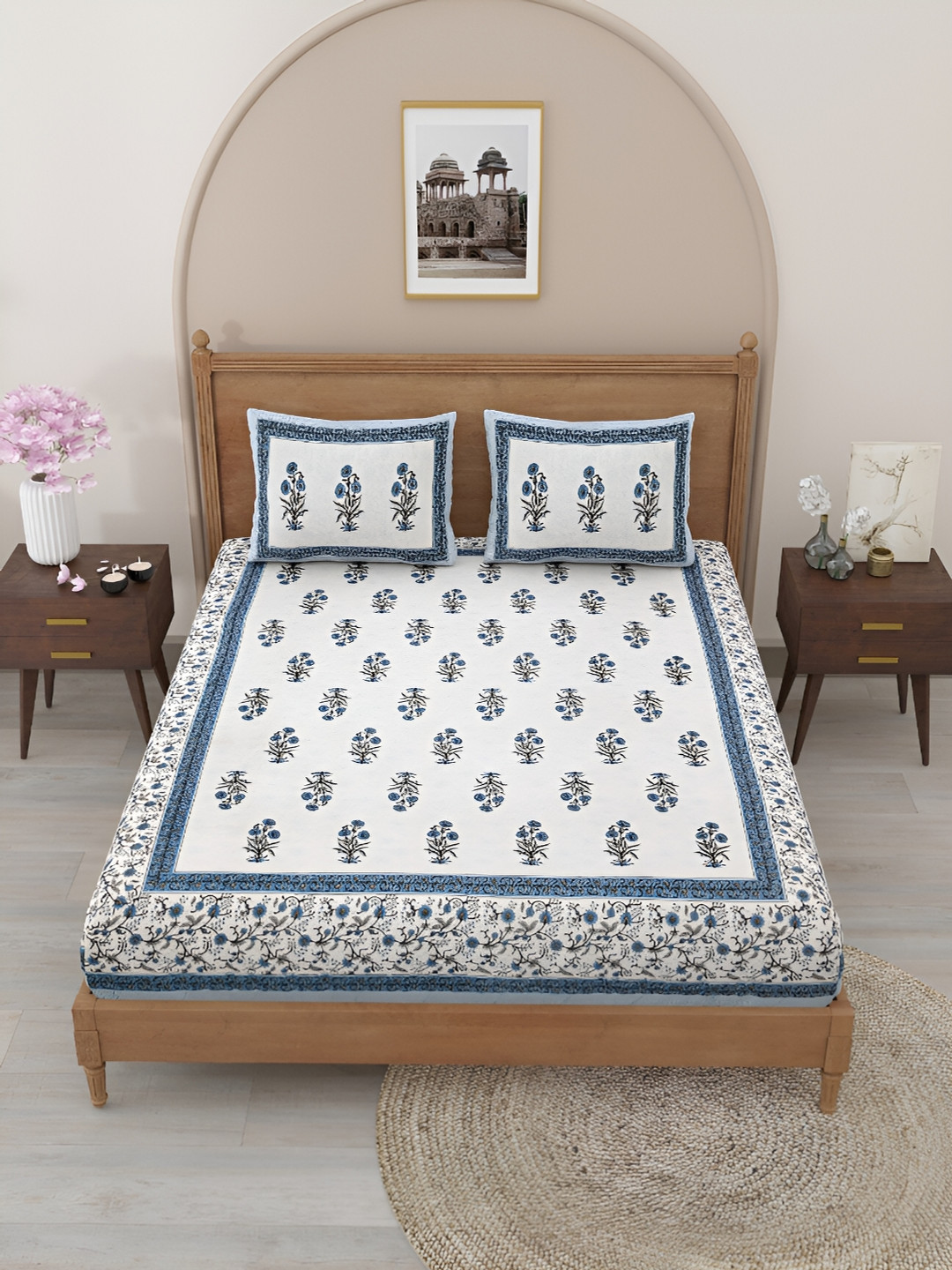 

Salona Bichona Turquoise Blue & Grey Floral Printed Cotton 150 TC Double Bedsheet Set