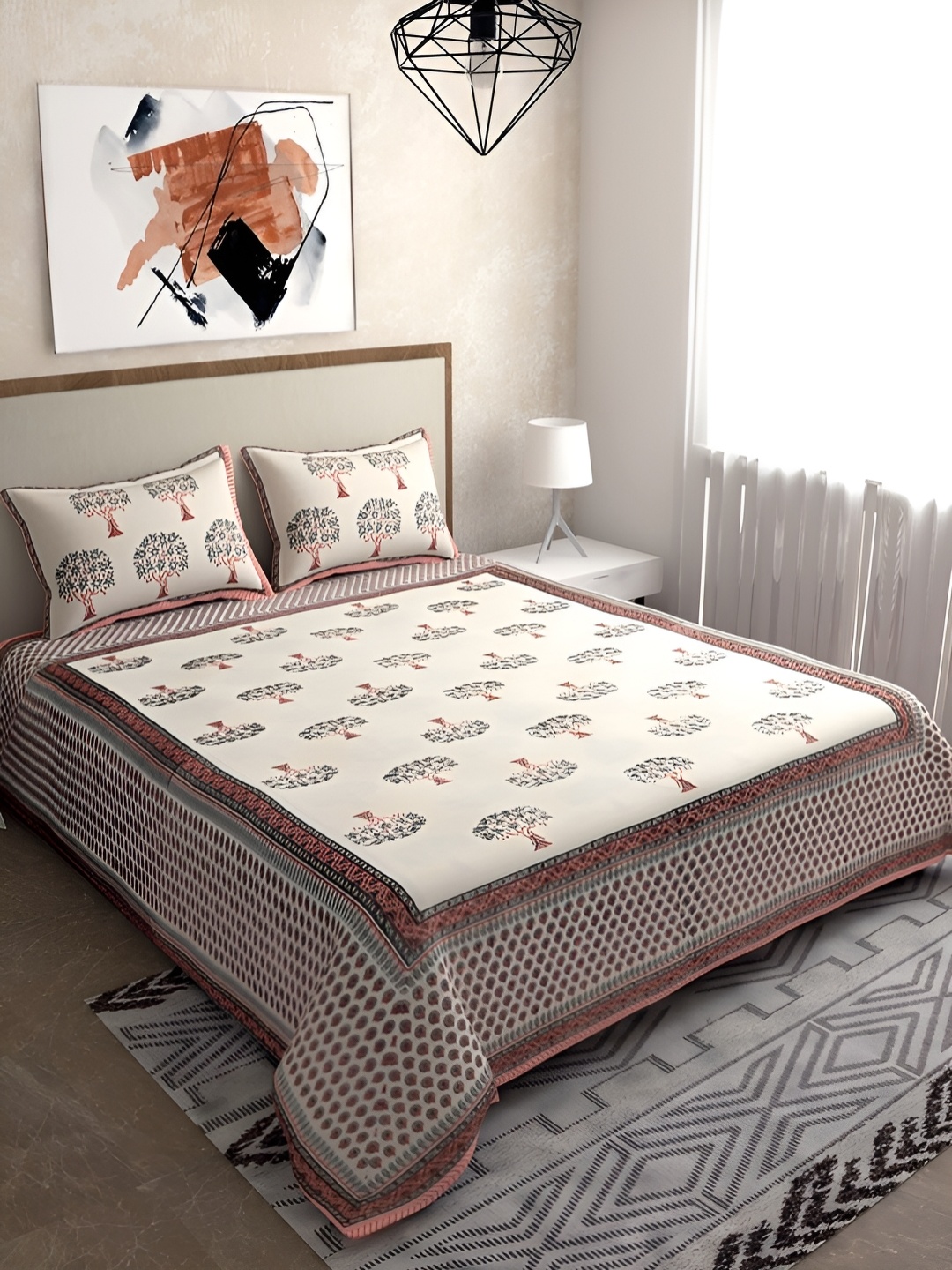 

Salona Bichona Pink & White Floral Printed Cotton 150 TC Double Bedsheet Set