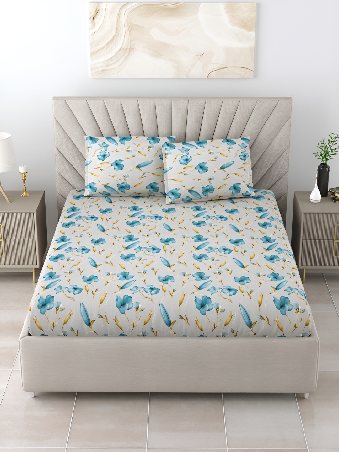 

Salona Bichona Turquoise Blue & Gold-Toned Floral Cotton 150 TC Double Bedsheet Set