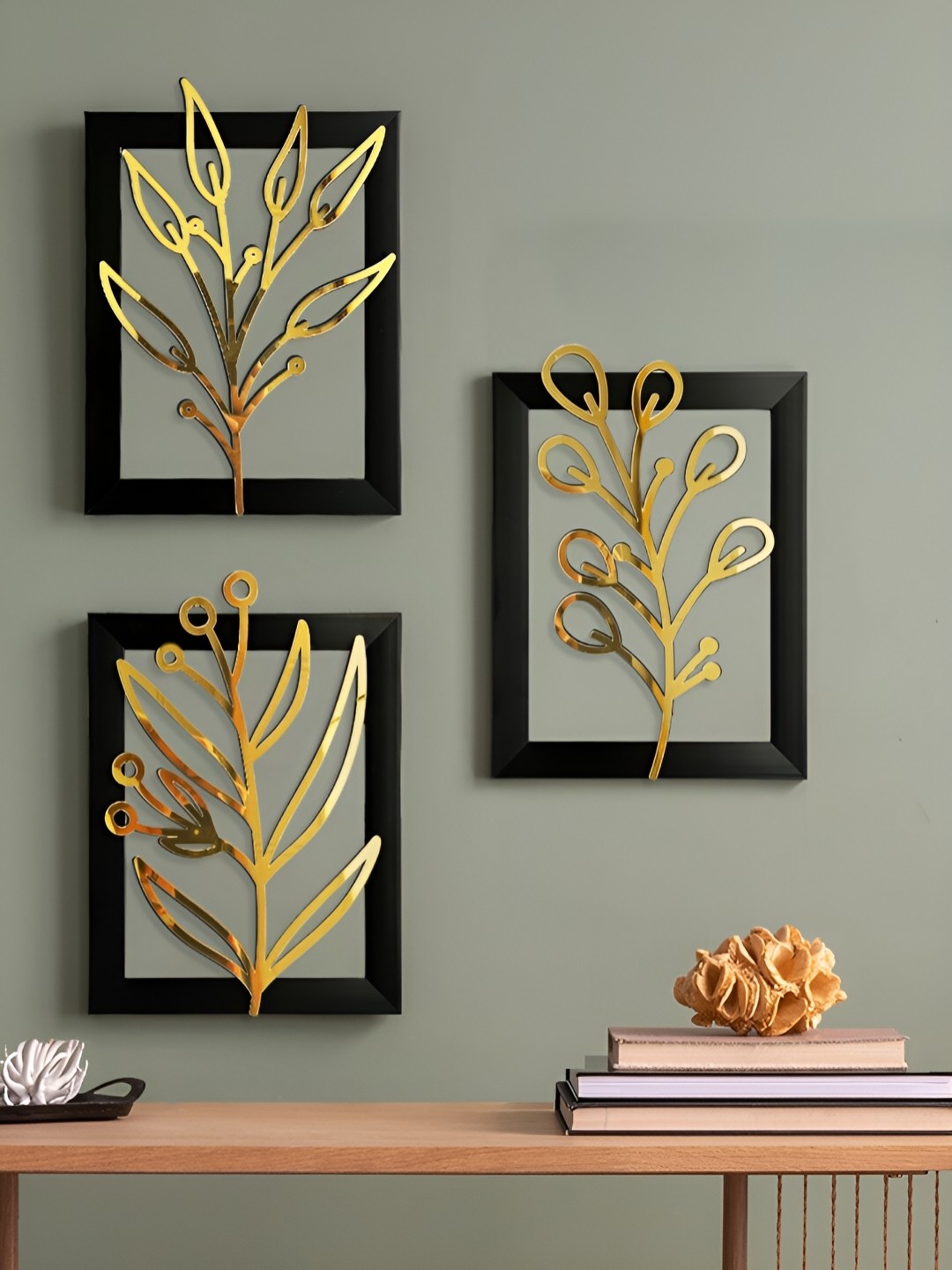 Art Street 3 Pieces Black & Beige 3D Flowers Embossed Wooden Wall Hangings