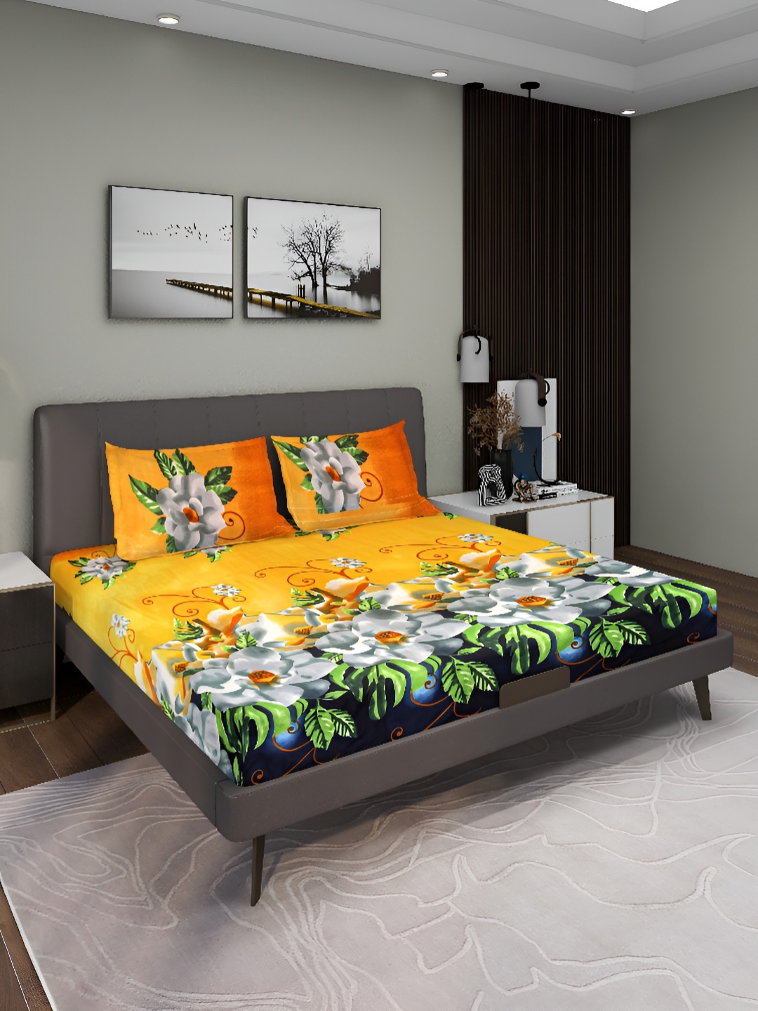 

Aura Yellow & Green Floral 144 TC Queen Flat Bedsheet With 2 Pillow Covers