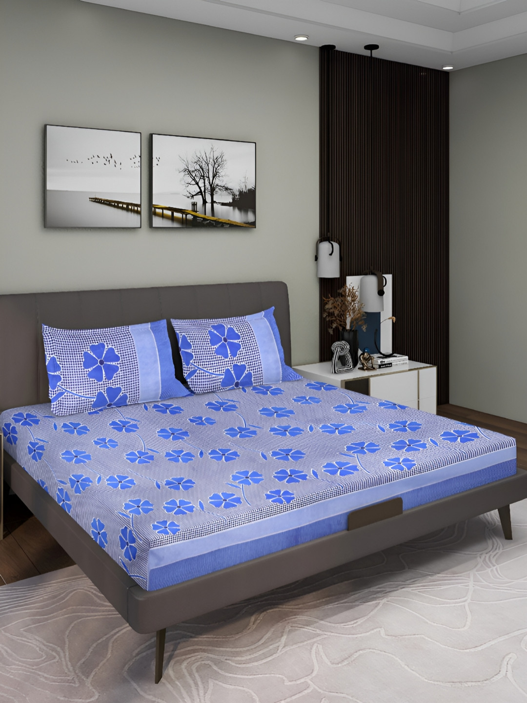 

Aura Blue & Grey Floral 144 TC Queen Flat Bedsheet with 2 Pillow Covers