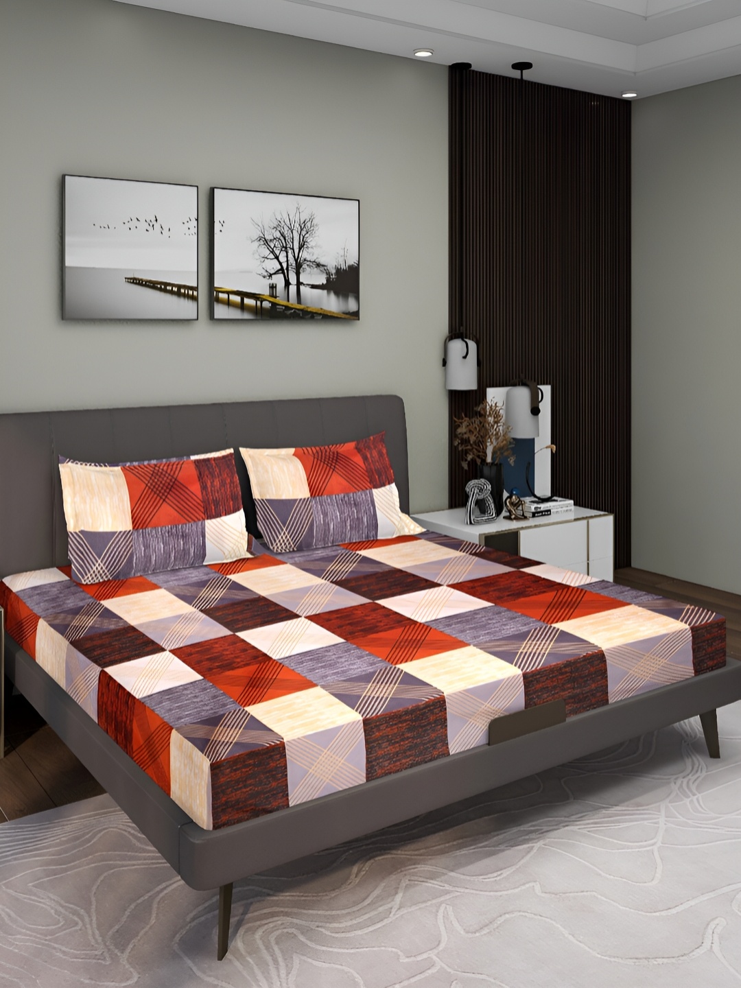 

Aura Maroon & Off White Geometric 144 TC Queen Flat Bedsheet with 2 Pillow Covers