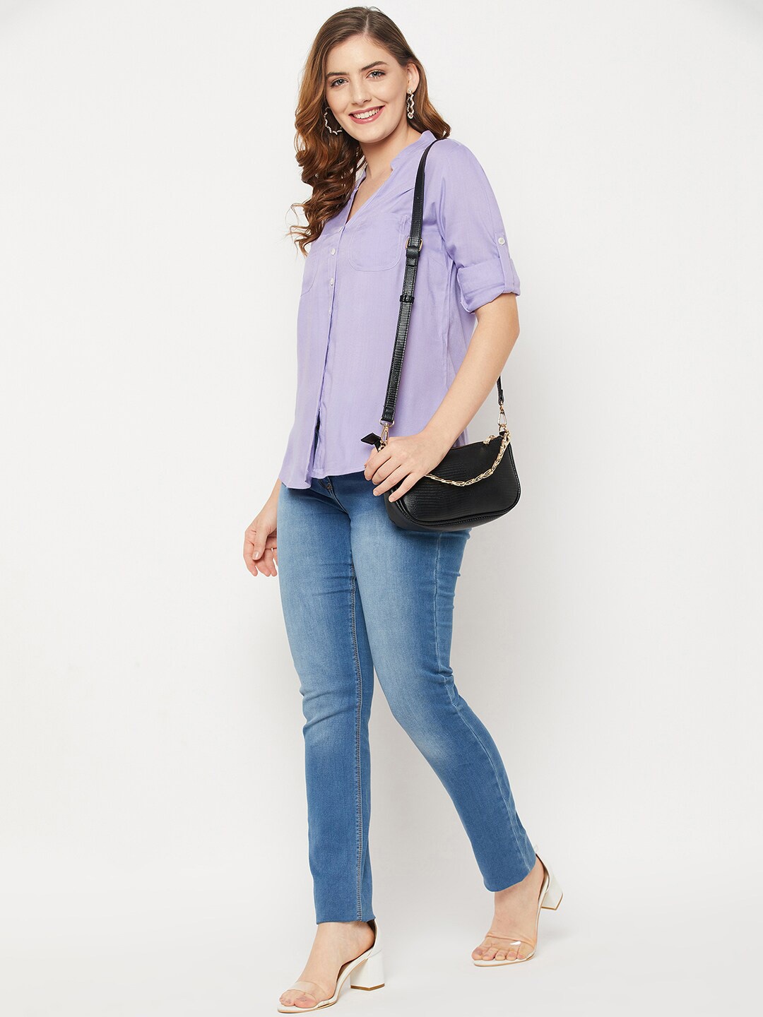 

Ruhaans Classic Mandarin Collar Roll-Up Sleeves High-Low Casual Shirt, Mauve