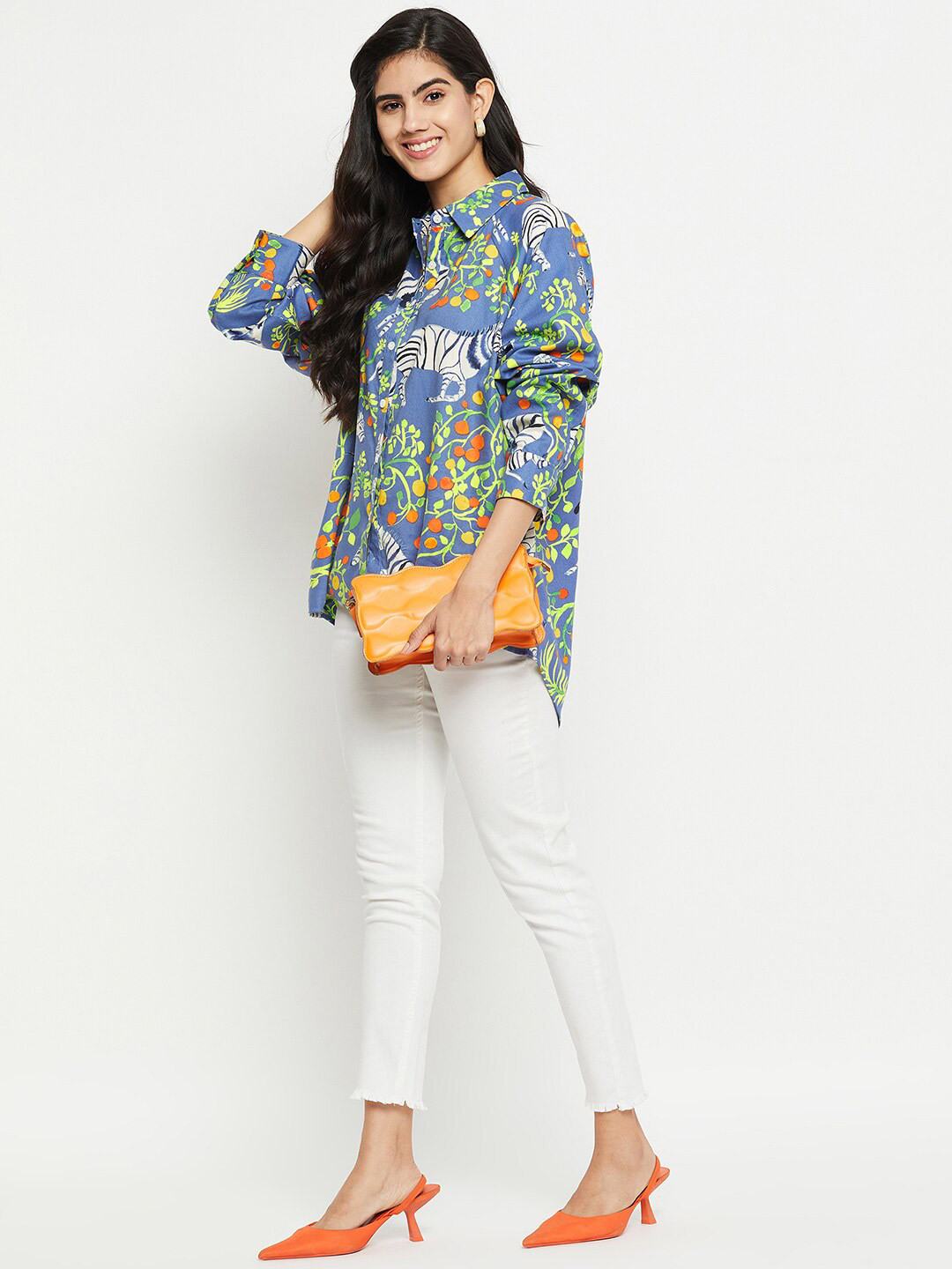 

Ruhaans Classic Tropical Printed Extended Sleeves High-Low Casual Shirt, Blue