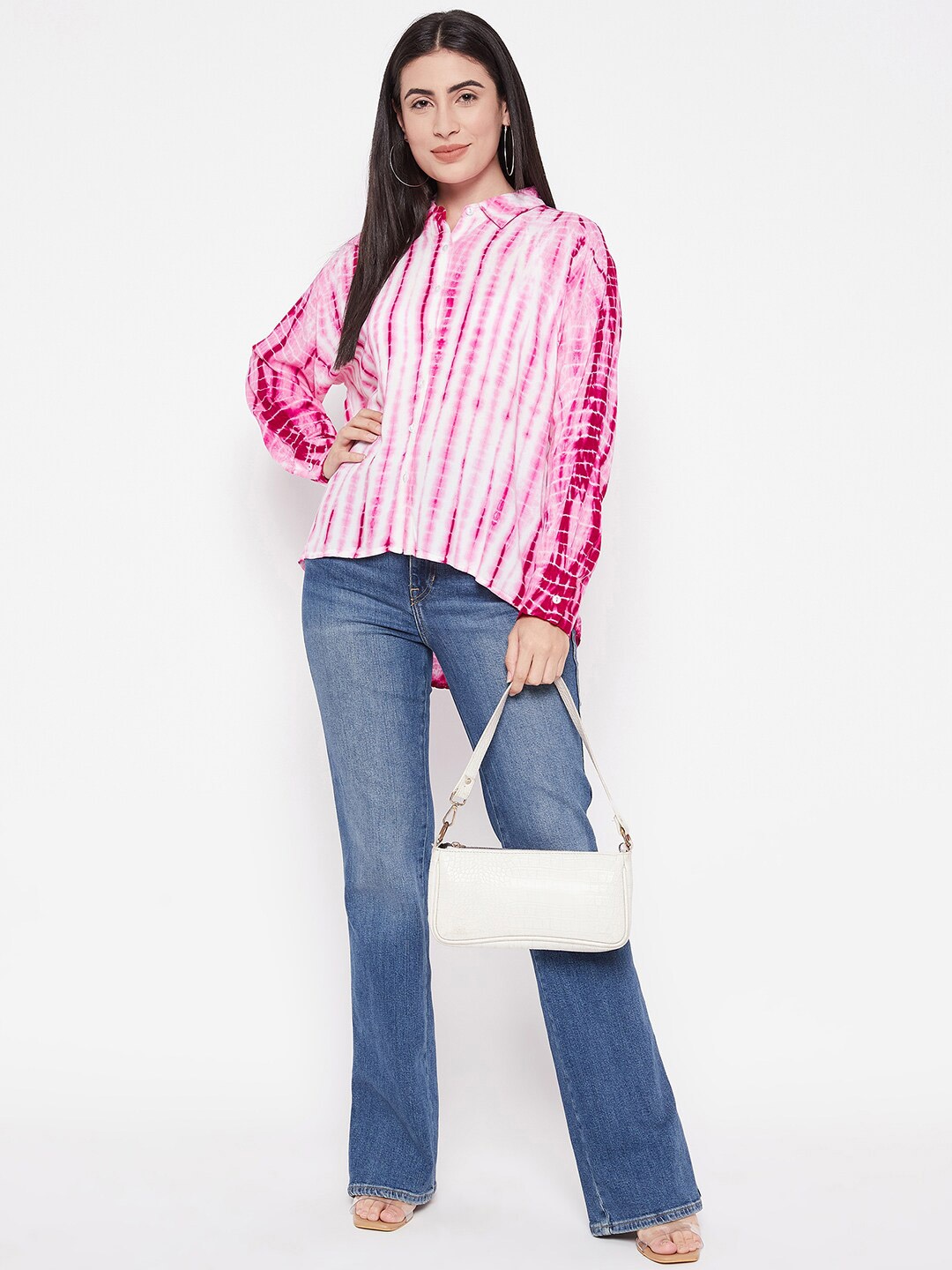 

Ruhaans Classic Tie & Dye Dyed Mandarin Collar Oversized High-Low Casual Shirt, Pink