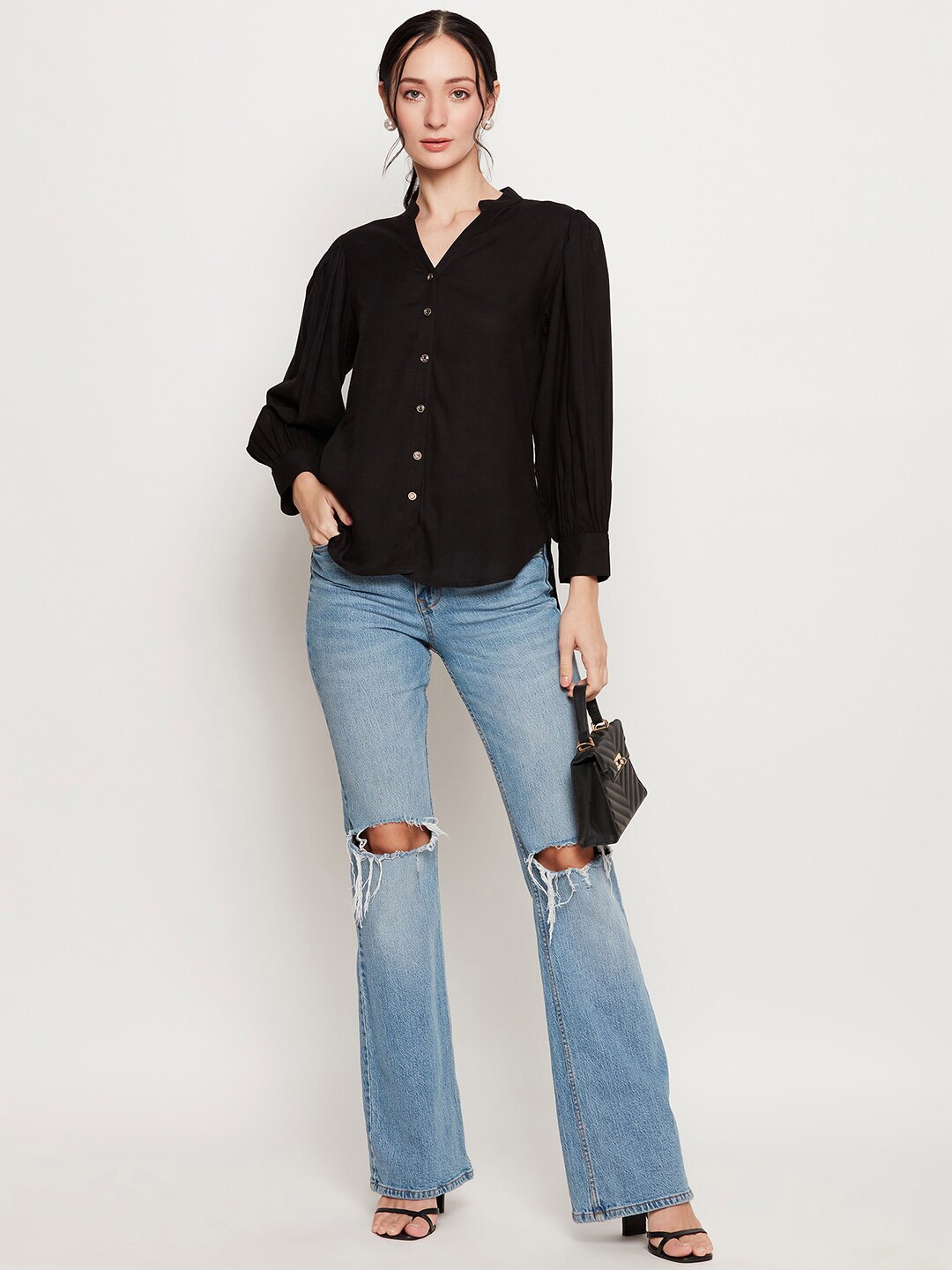 

Ruhaans Classic Mandarin Collar Puff Sleeves High-Low Casual Shirt, Black