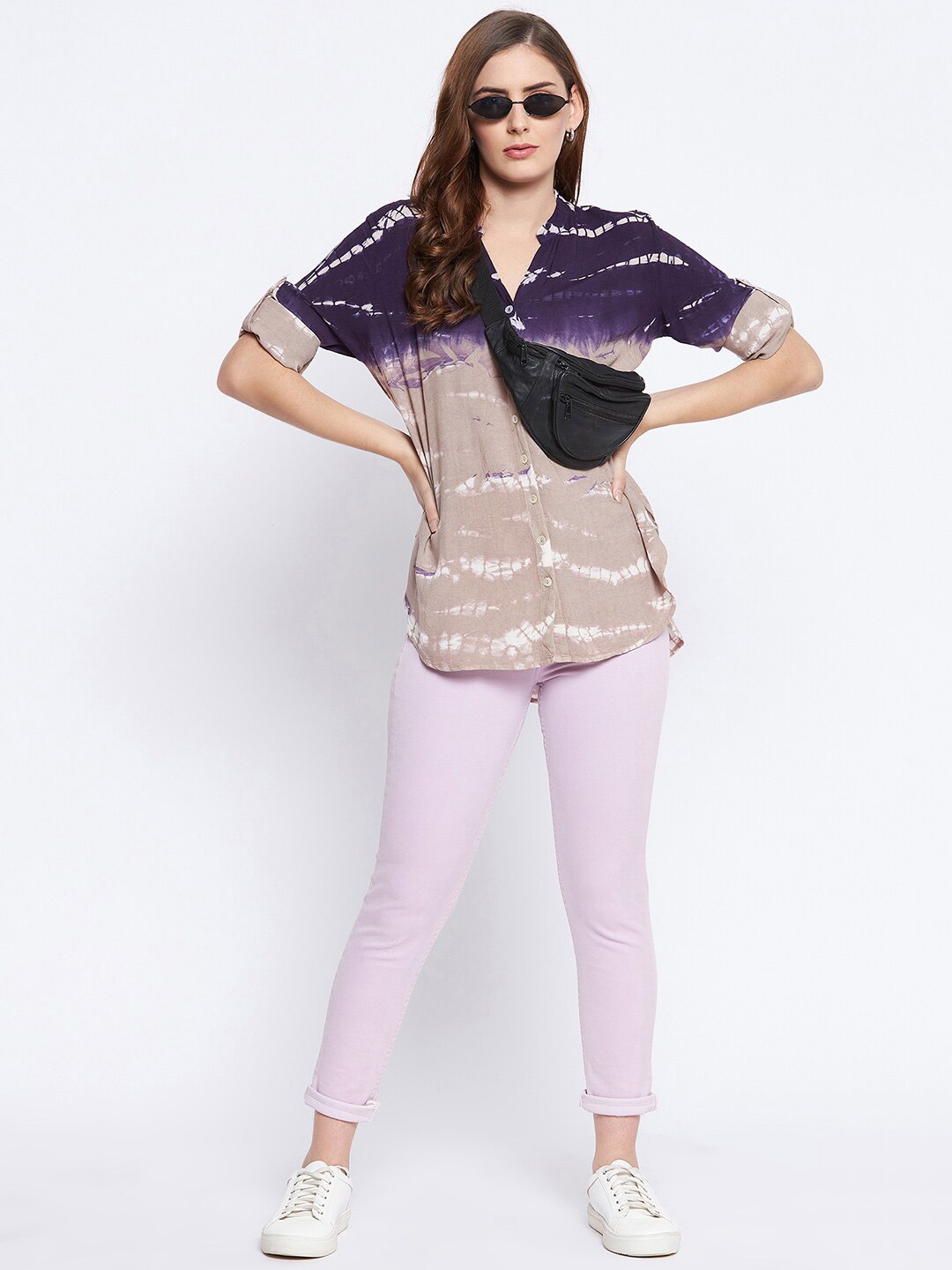 

Ruhaans Classic Tie & Dye Dyed Mandarin Collar High-Low Casual Shirt, Purple