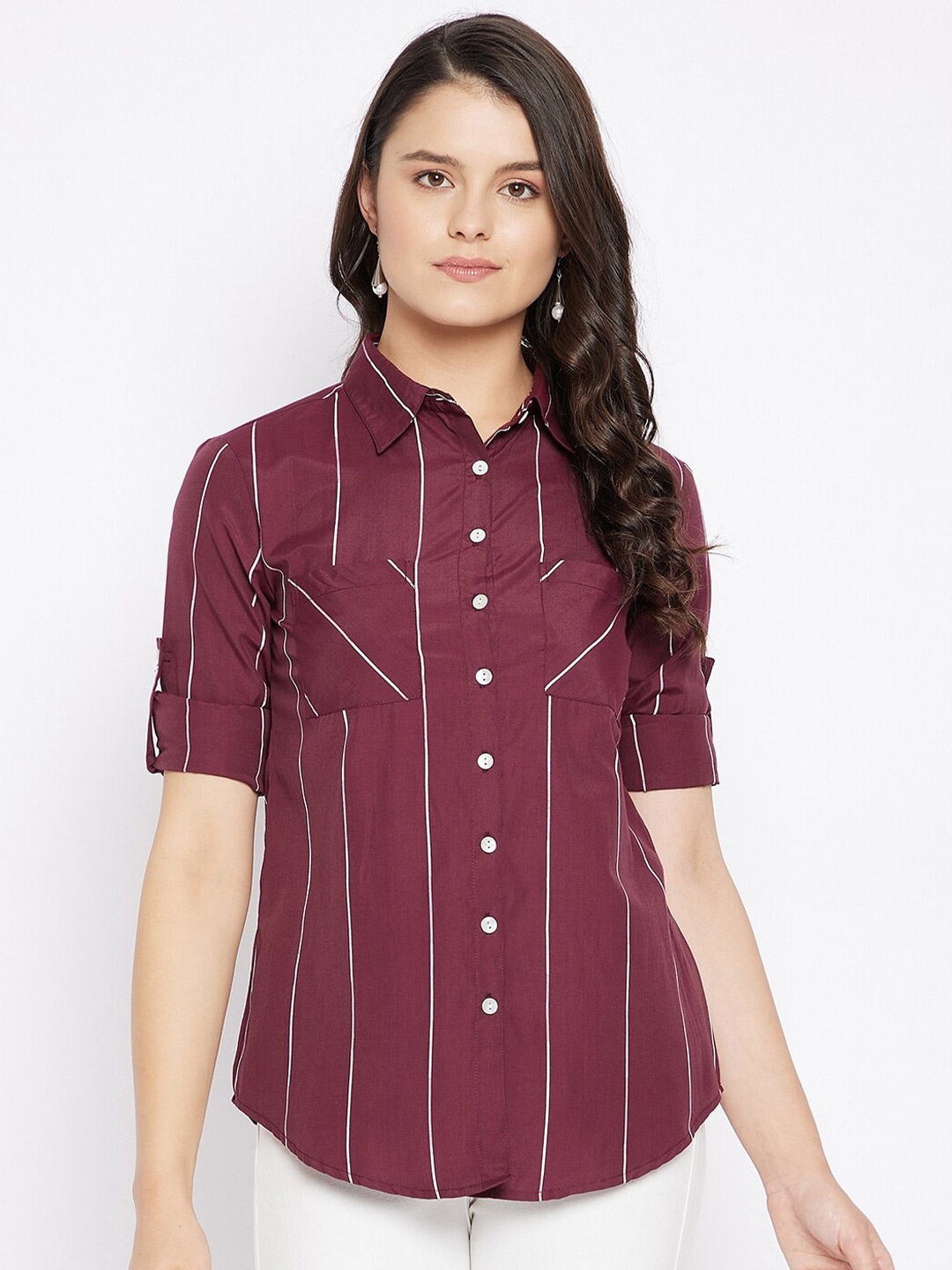 

Ruhaans Classic Vertical Striped Roll-Up Sleeves Cotton Poplin Casual Shirt, Maroon